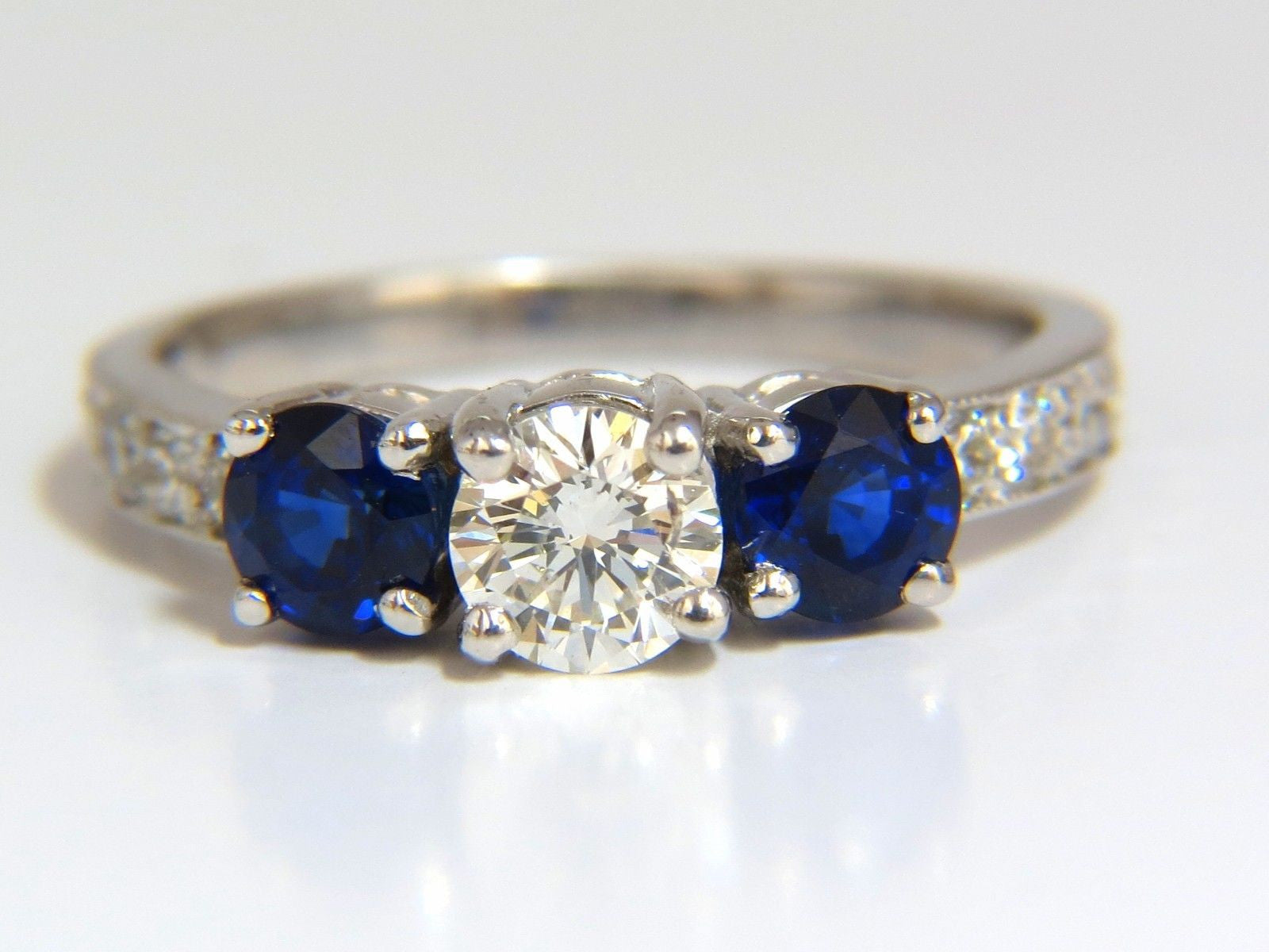 1.85ct Natural Blue Sapphire & Diamond Ring in 14K Gold - Classic Three Bead Setting for Engagement, Wedding & Anniversary Gifts