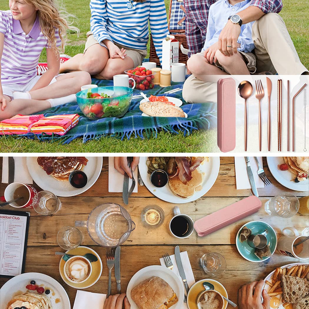 Premium 7-Piece Portable Camping Utensil Set - Stainless Steel Travel Cutlery with Knife Fork Spoon & Straw | Compact Outdoor Picnic Silverware Kit with Carrying Case | Perfect for Camping Hiking Backpacking and Road Trips