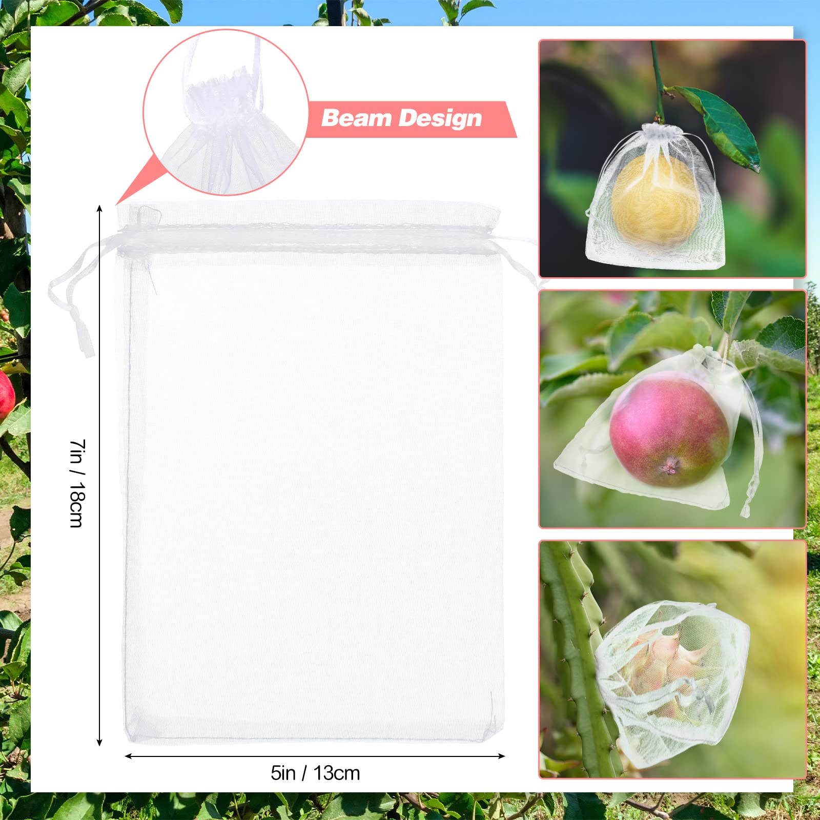 100 Pcs White Fruit Protection Bags with Drawstring - 5x7 Inch Mesh Netting Barrier for Fruit Trees, Gardens, Plants, Flowers & Vegetables - Perfect for Organic Farming, Pest Control & Harvest Protection