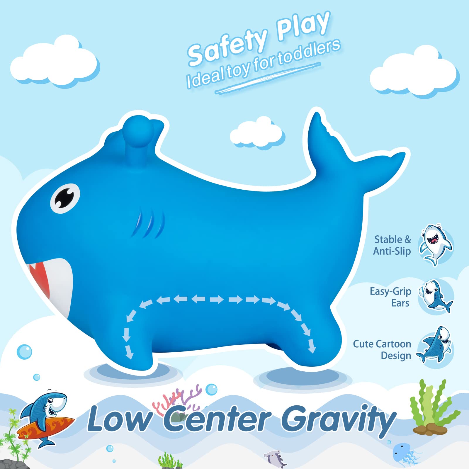 Baby Shark Bouncy Hopper - Inflatable Ride-On Toy for Toddlers 2-4 Years | Indoor/Outdoor Jumping Animal for Boys & Girls | Perfect for Birthday Parties, Playtime & Active Play | Includes Balloon & Party Decorations