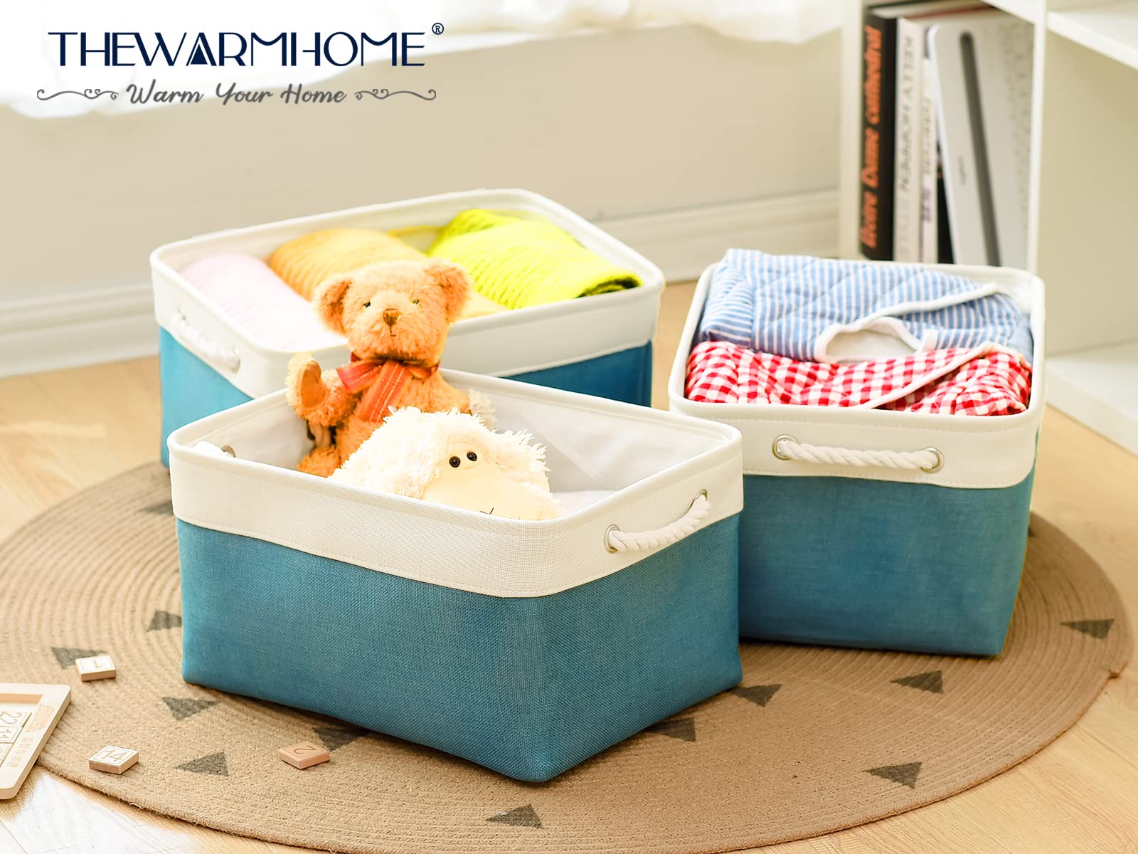 TheWarmHome Large Fabric Storage Bins 3-Pack (15.7x11.8x8.3 inches) - Closet Organizer Baskets for Shelves, Baby Toys, Laundry & Home Decor | Space-Saving Organization for Bedroom, Nursery & Living Room (White & Green)