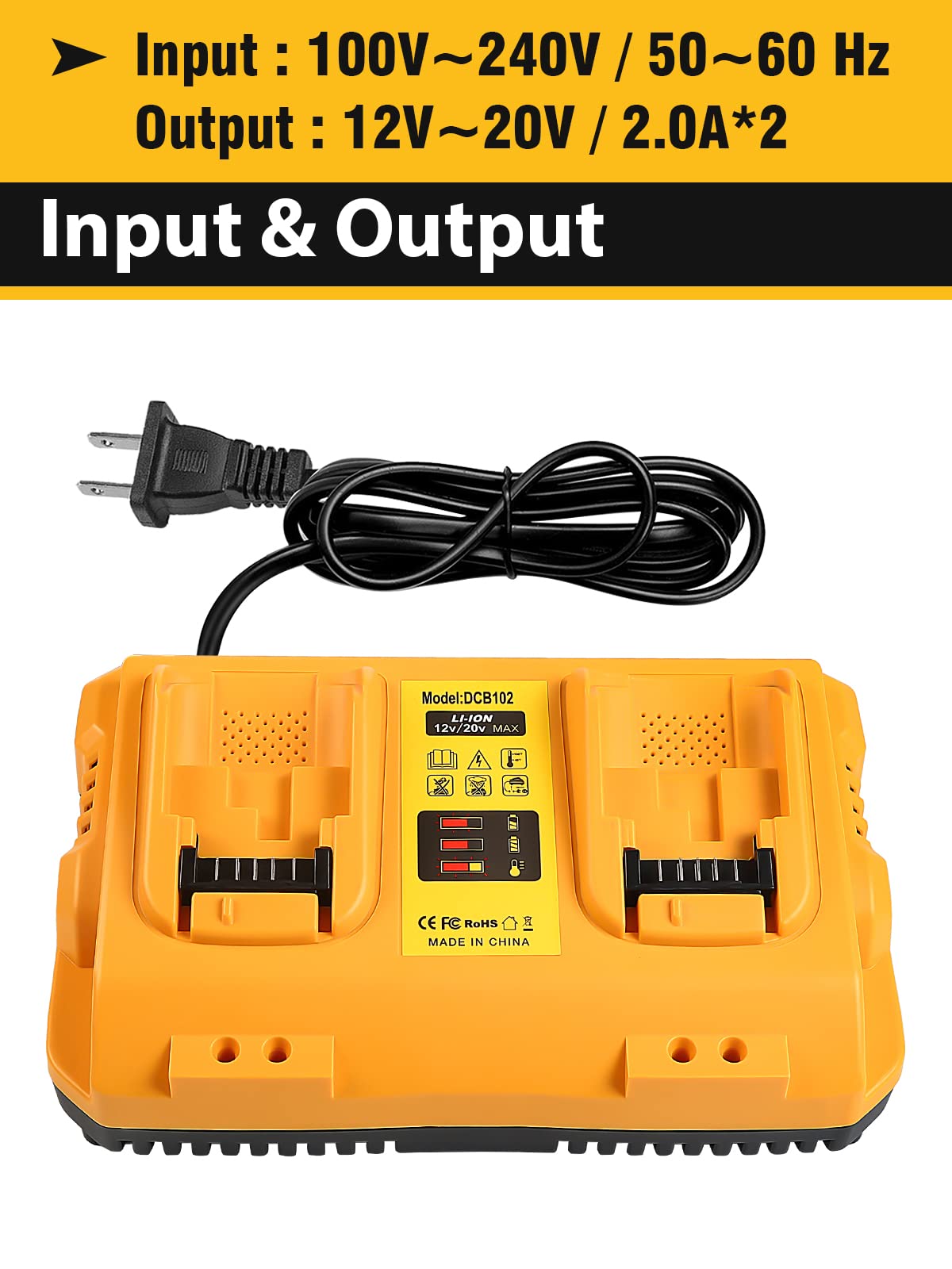 **DEWALT Battery Charger Station Replacement - DCB102 Compatible with 12V/20V MAX Batteries (Yellow) - Fast Charging for Power Tools, DIY Projects & Job Sites**