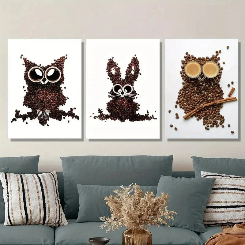 3-Piece Owl, Bunny & Rabbit Coffee Cup Metal Wall Art Prints - Ready to Hang Home Decor for Living Room, Bedroom & Office