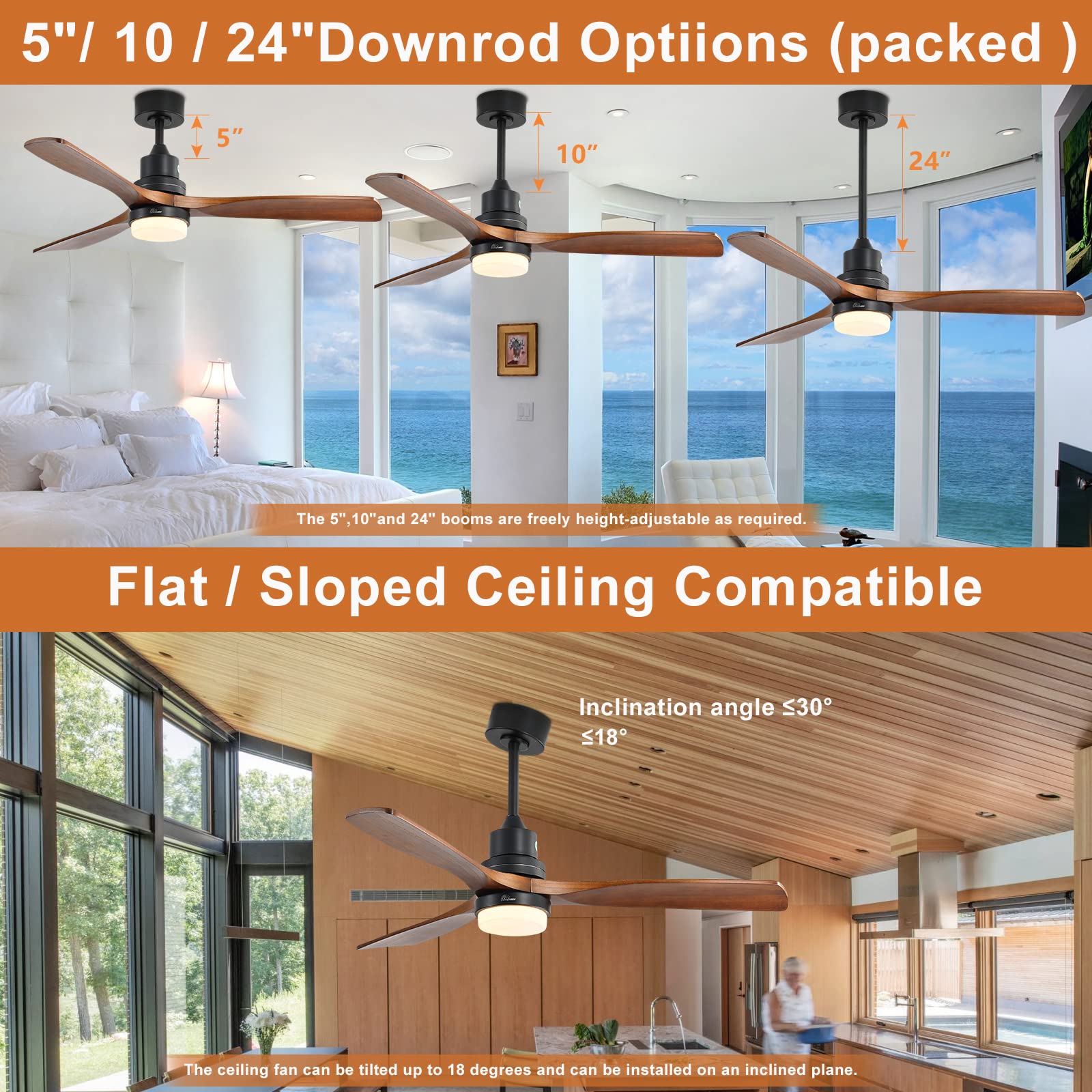 Sofucor 52 Inch Indoor Outdoor Ceiling Fan with Light Kit and Remote Control - 3 Speed Reversible Quiet DC Motor, 3 Walnut Wood Blades - Perfect for Bedroom, Living Room, Patio and Covered Porch