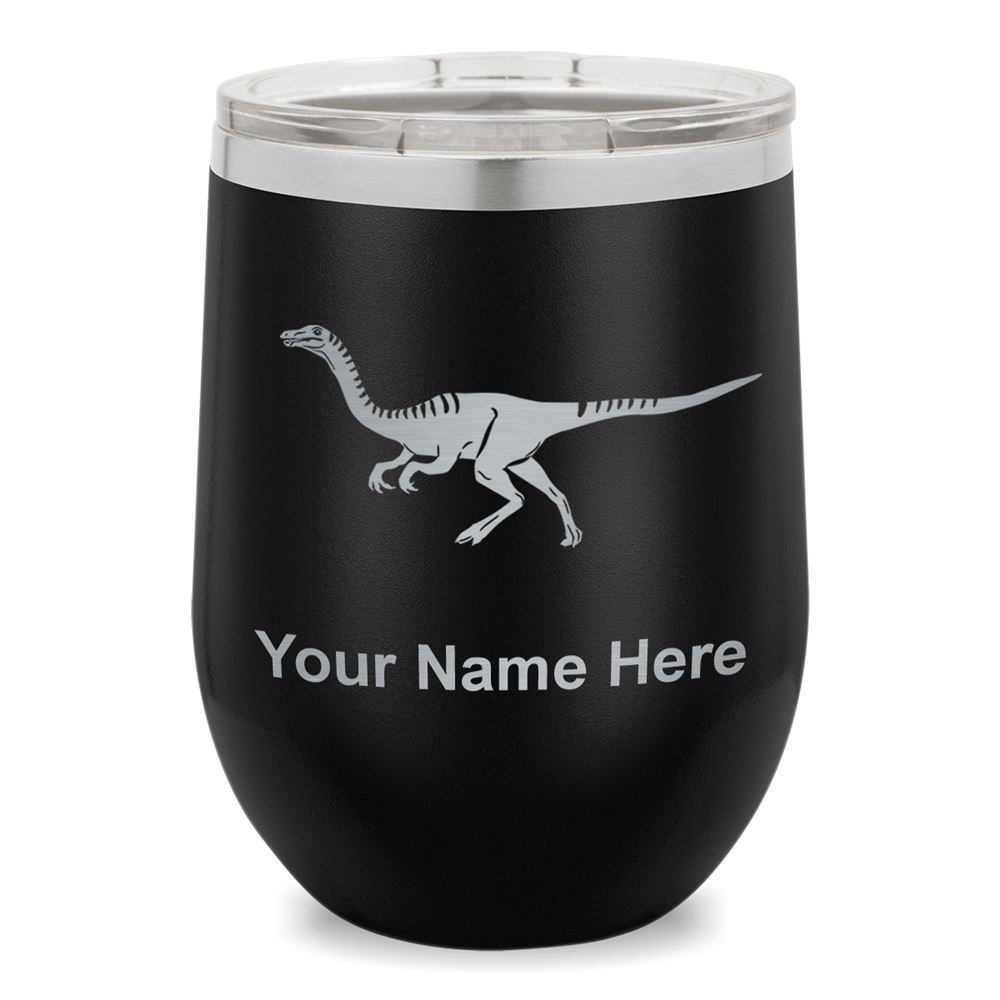 Personalized Engraved Wine Glass Tumbler - Gallimimus Dinosaur Design (Black) | Unique Dinosaur-Themed Drinking Glass for Wine Lovers | Perfect for Parties, Gifts & Home Decor