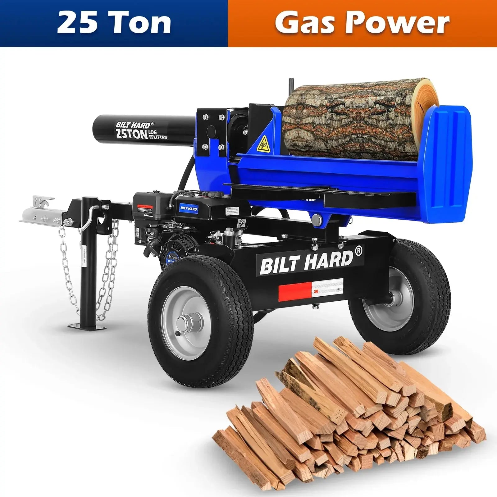25 Ton Gas Powered Log Splitter - Horizontal/Vertical Wood Splitter with 209cc OHV Engine, 2 Ball Coupler & 16 DOT Tires | Heavy Duty Hydraulic Firewood Splitter for Home Heating, Landscaping & Fireplace Wood Preparation