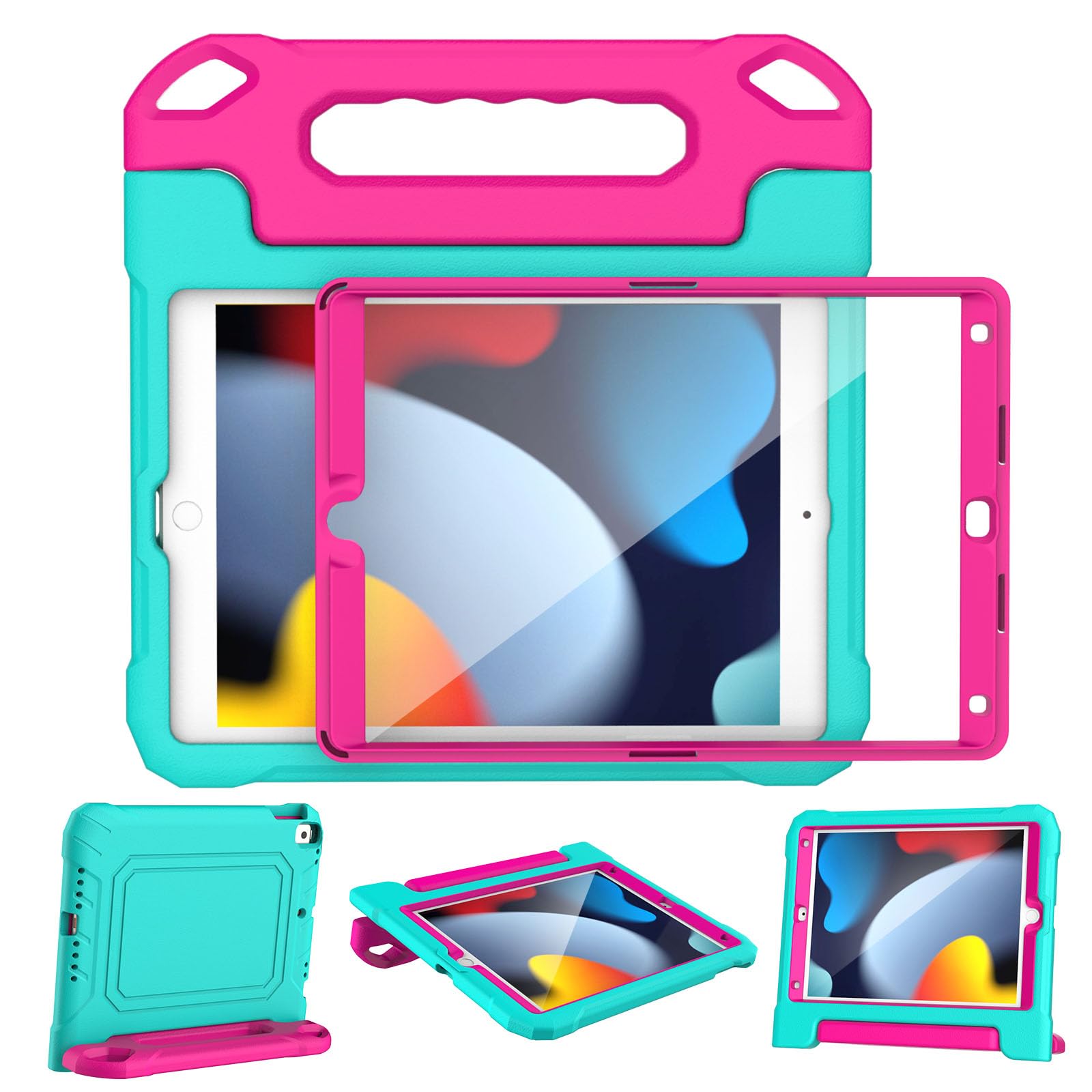 YIHE Shockproof Kids iPad Case for 10.2 Inch (9th/8th/7th Gen 2021/2020/2019), iPad Pro 10.5 & iPad Air 3 - Durable Handle Stand Protective Cover with Screen Protector (Cyan & Pink) - Perfect for School, Travel & Home Learning