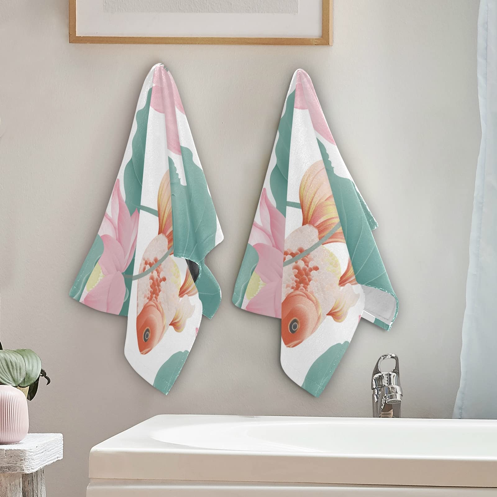 Susiyo 2-Pack Pink Lotus & Goldfish Printed Cotton Hand Towels - Super Absorbent 28x14 Inch Bath, Face, Gym, Spa & Yoga Towels for Home, Hotel & Guest Use