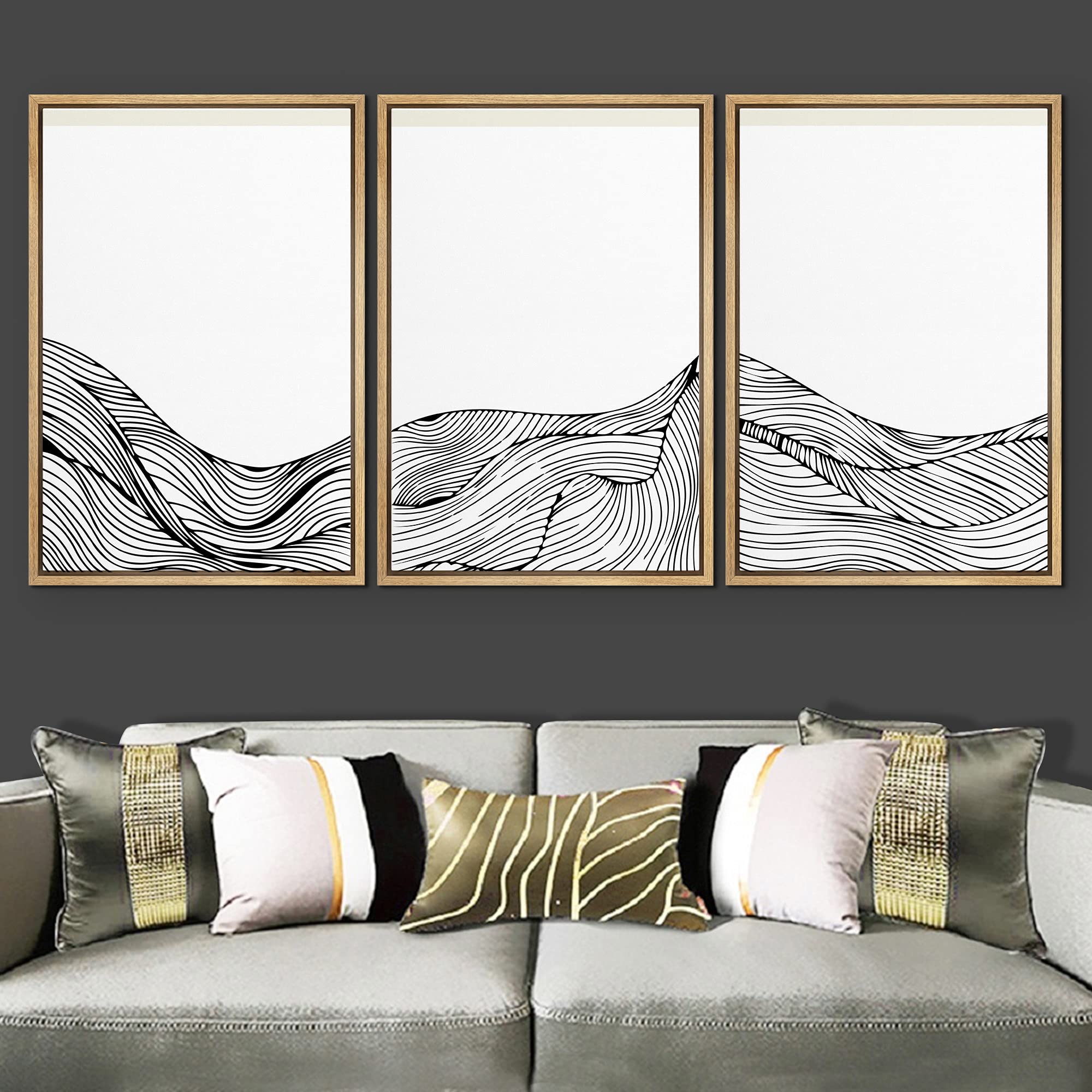 Abstract Black and White Swirling Spiral Mountain Landscape Framed Wall Art Print Set - Minimalist Wilderness Illustrations for Living Room, Bedroom & Office Decor - 24x36 Inches (3 Panels) - Perfect for Modern Home, Office & Apartment Interior Design
