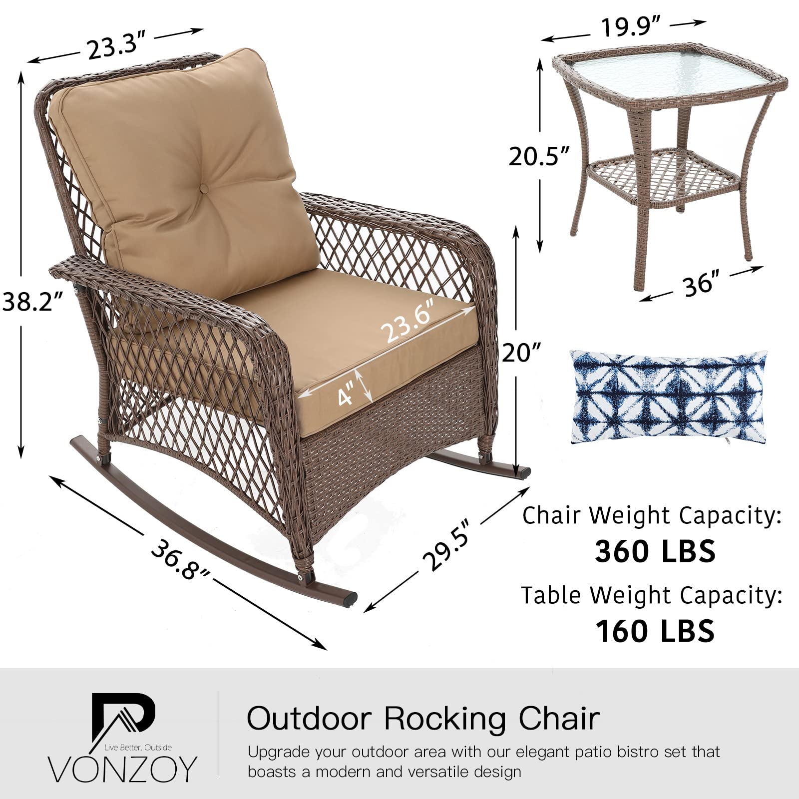 3-Piece Patio Furniture Set - Wicker Rocking Bistro Set with Thick Cushions, Outdoor Rocking Chairs & Coffee Table for Porch, Backyard or Garden (Khaki) | Perfect for Relaxing, Entertaining & Outdoor Dining