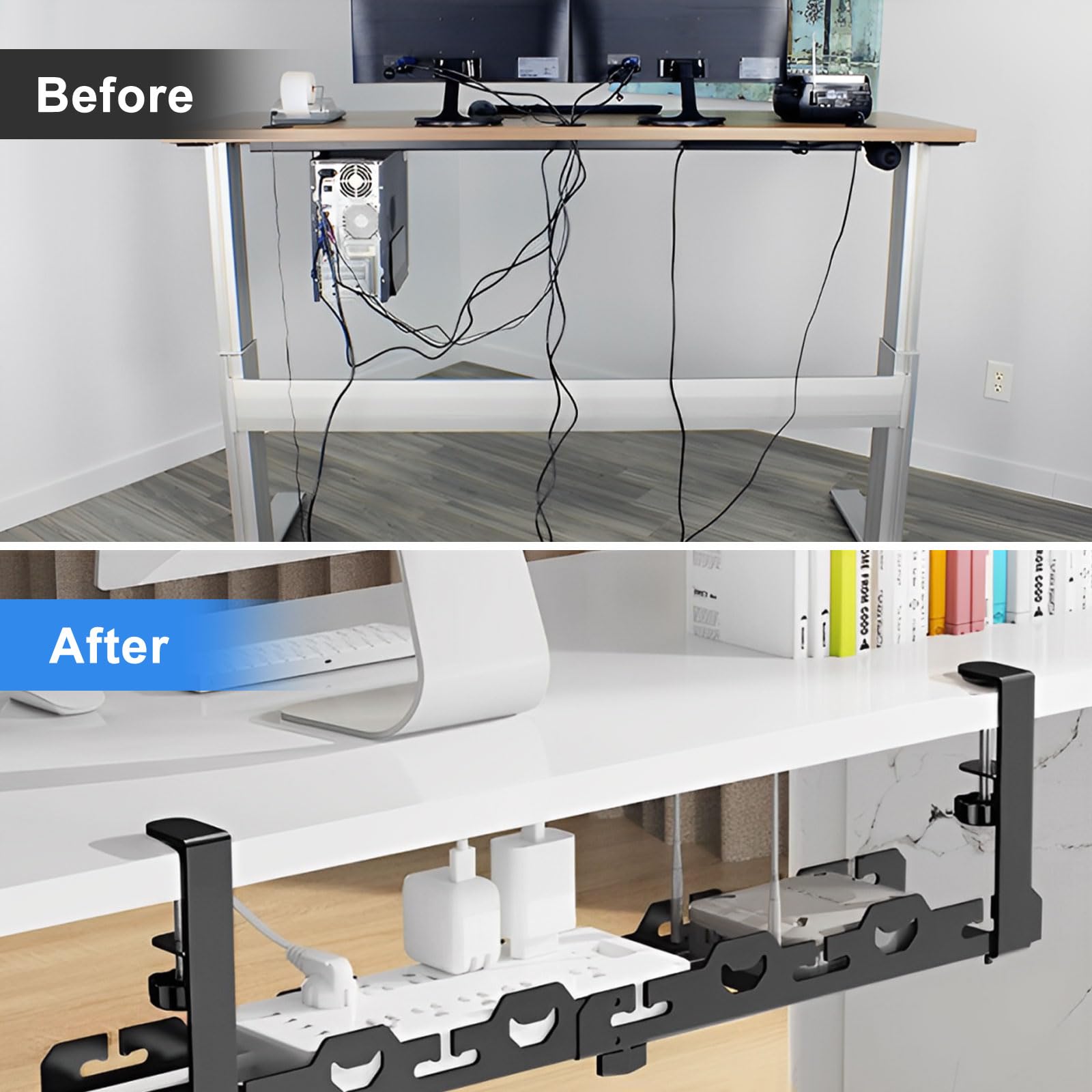 Black Extendable Under Desk Cable Management Tray (15.7-29 Inch) - No Drill Installation for Wire Organization | Perfect for Home Office, Gaming Setup & Workspace Organization