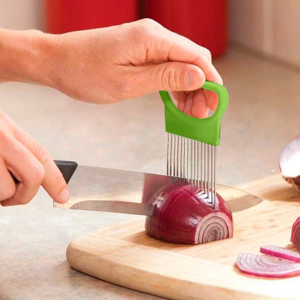 Stainless Steel Onion Holder & Vegetable Slicer - Multi-Purpose Kitchen Gadget for Onions, Tomatoes, Meat - Safe Cutting Tool with Non-Slip Grip (Green) | Perfect for Meal Prep, Salad Making & Cooking Accessories
