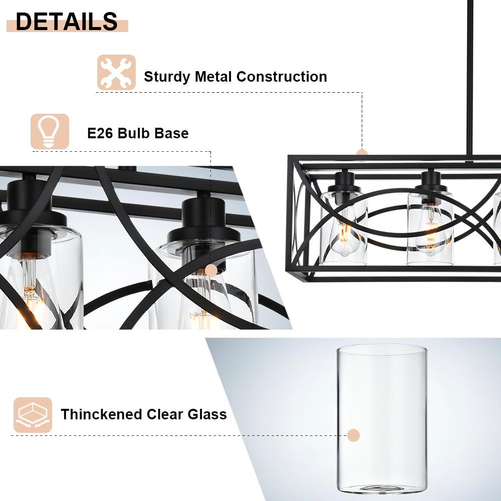 Farmhouse Black Kitchen Island Lighting - 5-Light Rectangular Chandelier with Clear Glass Shades, Linear Pendant Light Fixture for Dining Room, Pool Table, Living Room - Perfect for Rustic Home Decor & Modern Farmhouse Interiors