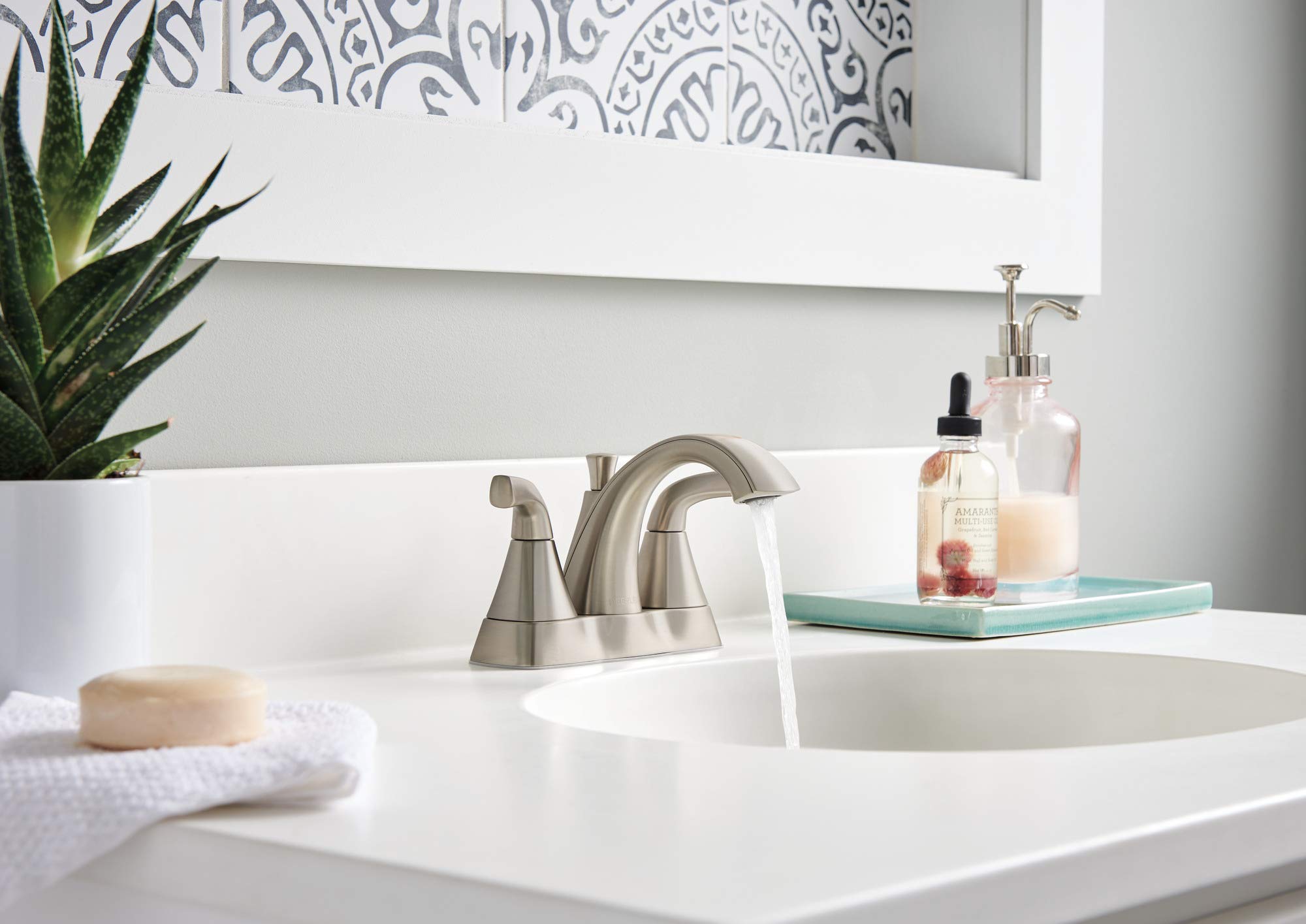 Peerless Parkwood Centerset Bathroom Faucet - Brushed Nickel 2-Handle Bathroom Sink Faucet with Pop-Up Drain Assembly (P2535LF-BN) - Perfect for Modern Bathroom Renovations & Small Space Vanities