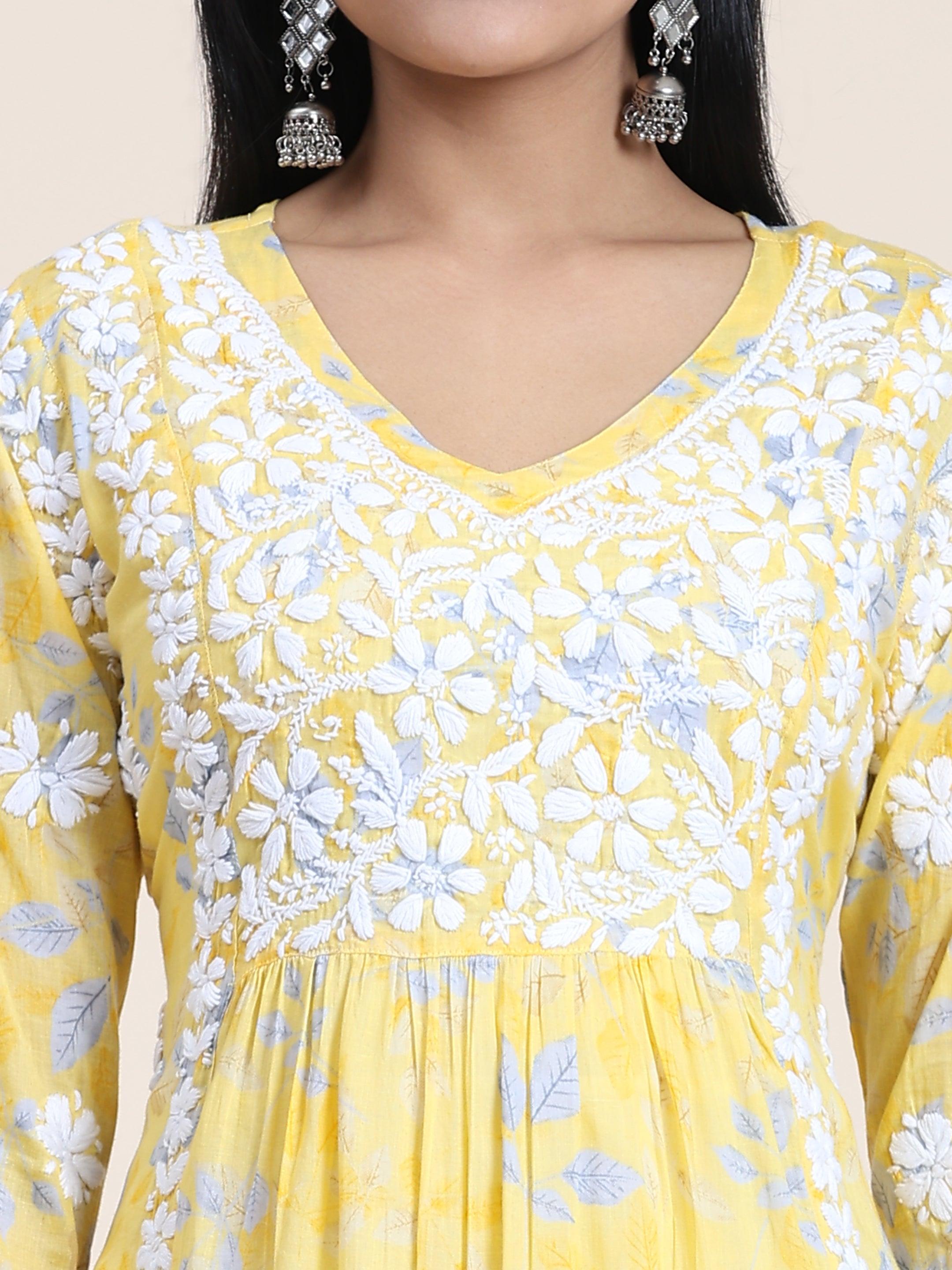 Samma Mul Printed Hand Embroidery Chikankari Kurta for Women - Yellow Ethnic Indian Tunic Top for Casual Wear & Festive Occasions