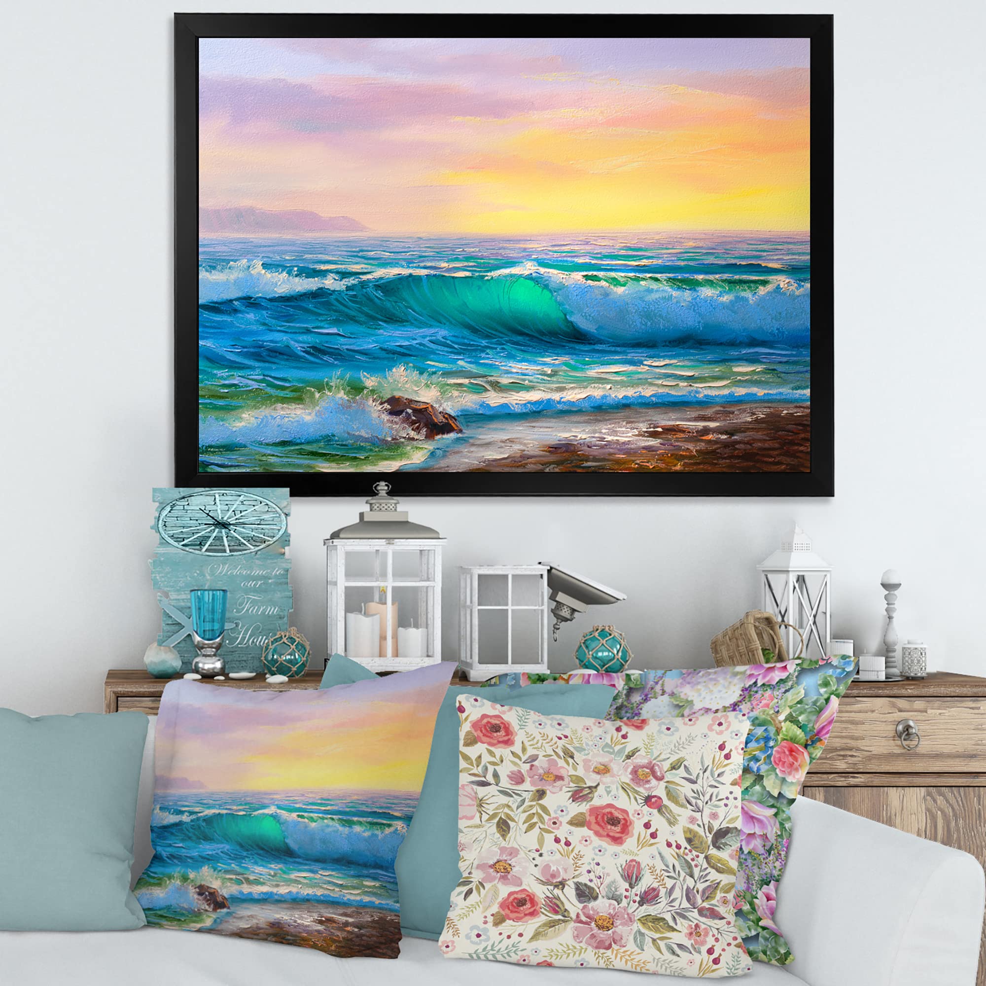 DesignQ Blue Waves Breaking At The Beach IV - Coastal Framed Wall Art for Living Room, Bedroom & Office Decor | Nautical Home Decor | Ocean Themed Wall Painting
