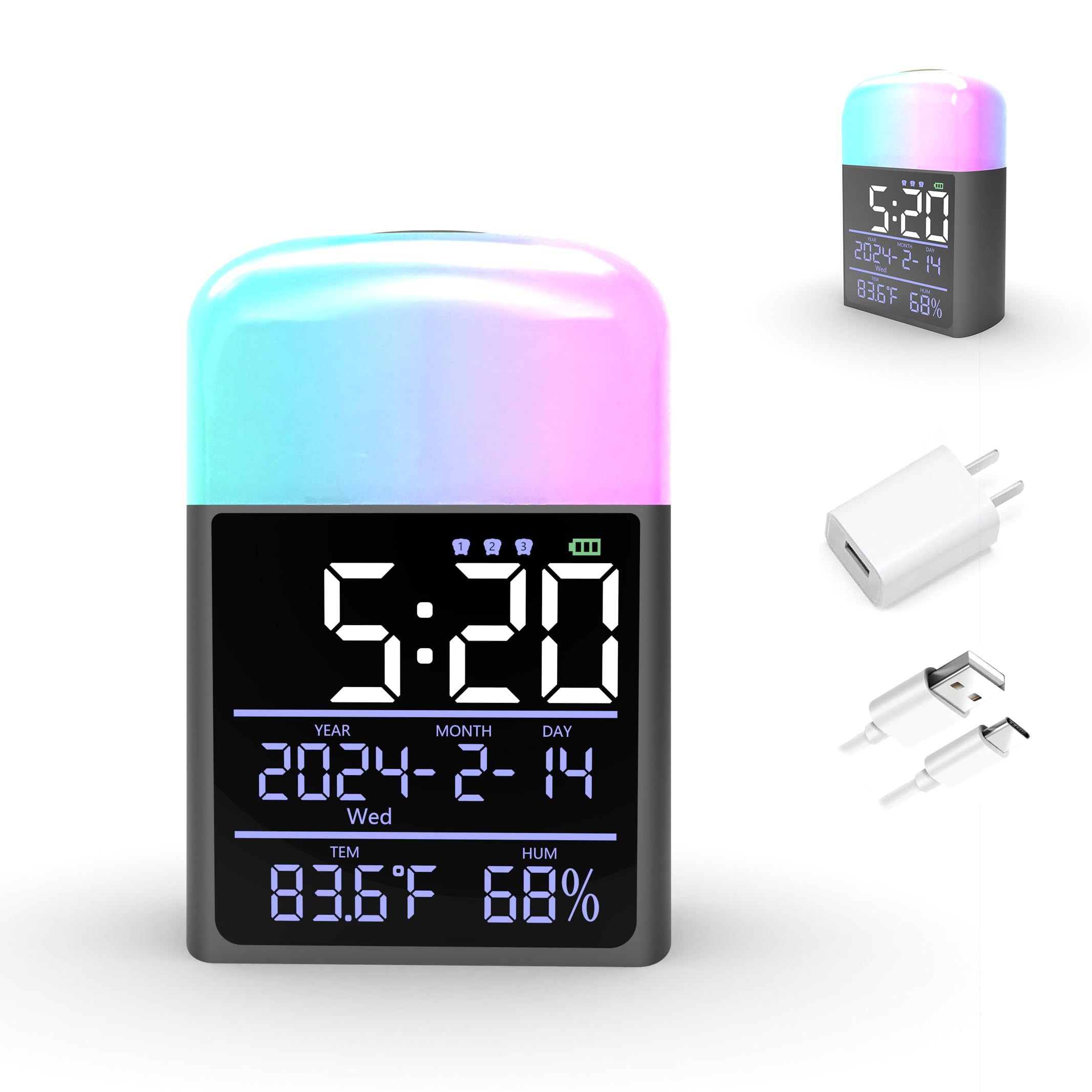 Digital Alarm Clock with Night Light for Kids - Wake Up Light Clock with Loud Alarm, Large Display & 9 Color Changing LED Table Lamp - Eye Protection Desk Lamp for Bedroom, Reading & Study - Includes Power Adapter (Grey)