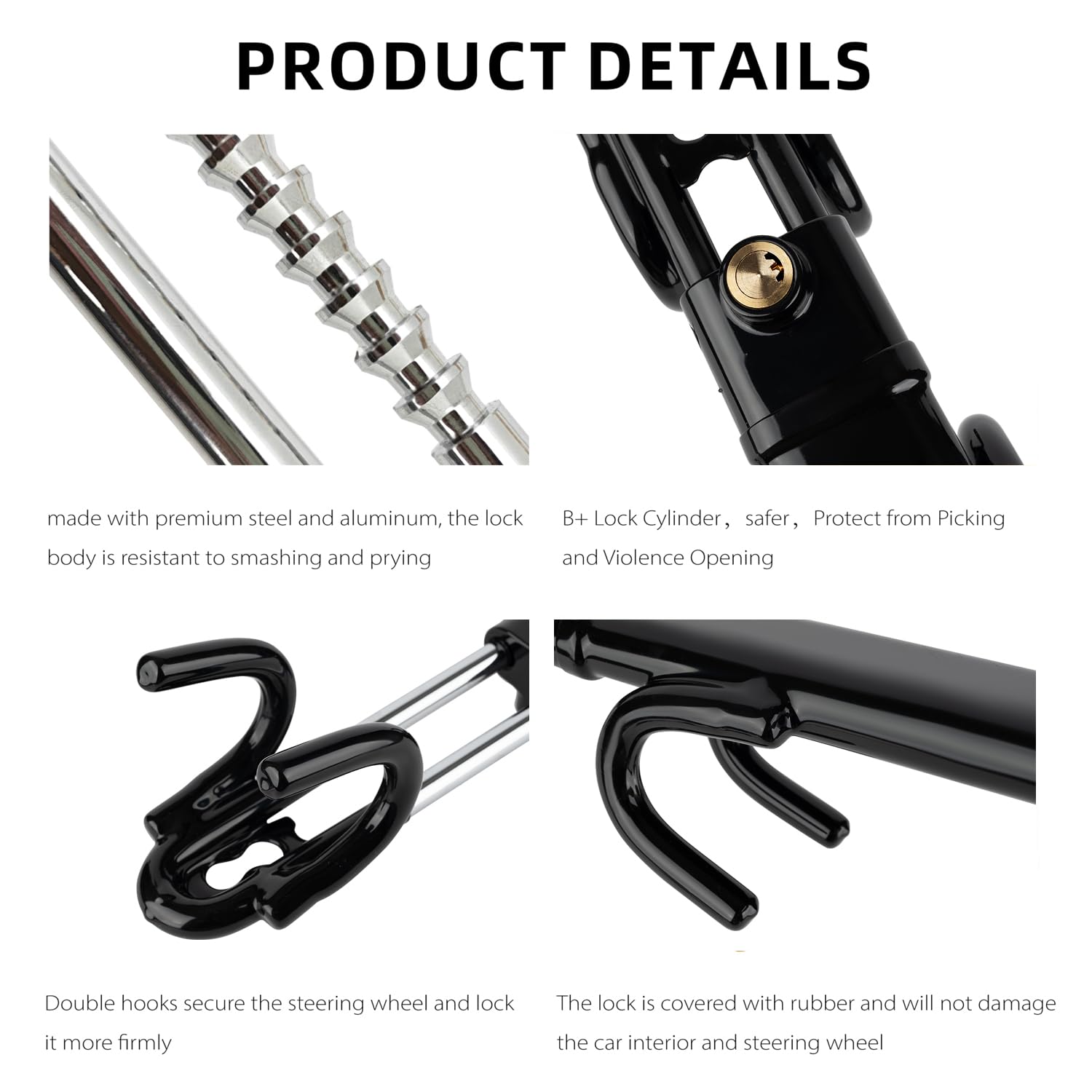 Universal Car Steering Wheel Lock - Adjustable Anti-Theft Device with Double Hooks for Cars, SUVs, Pickup Trucks & Vans (Black) | Secure Parking & Theft Protection for Urban Areas & Road Trips