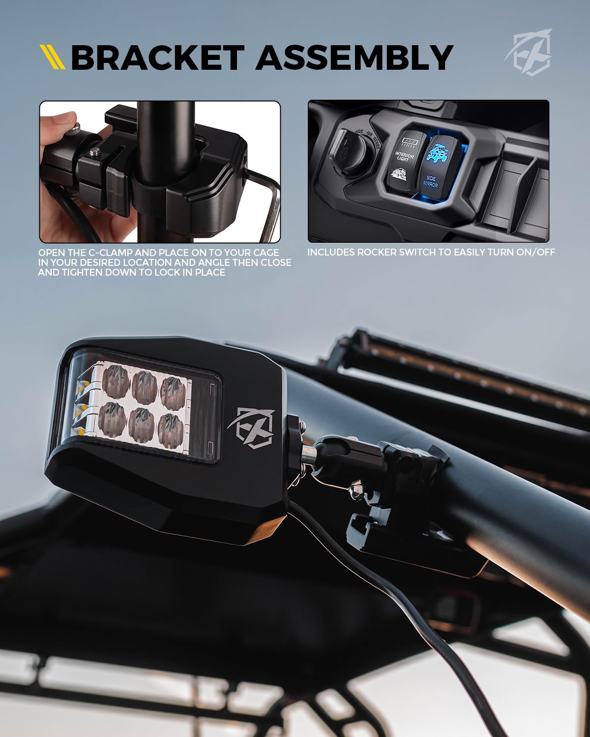 Xprite UTV Side View Mirrors with LED Spot Lights - Aluminum Alloy, Clear Lens, 1.75