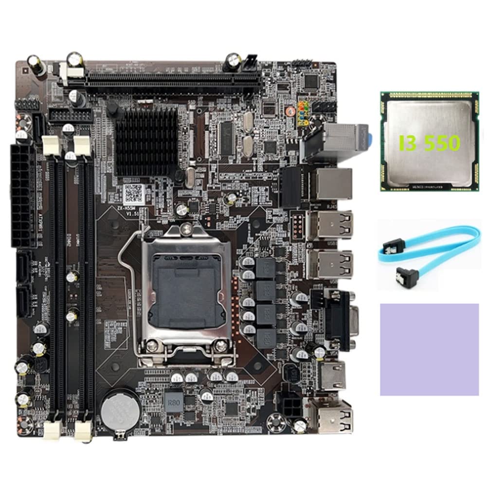 Pitxsgsia H55 Motherboard LGA1156 - Compatible with Intel i3 530/i5 760 CPUs, DDR3 Memory, Includes i3 550 CPU, SATA Cable & Thermal Pad - Ideal for PC Builds, Upgrades & Gaming Rigs