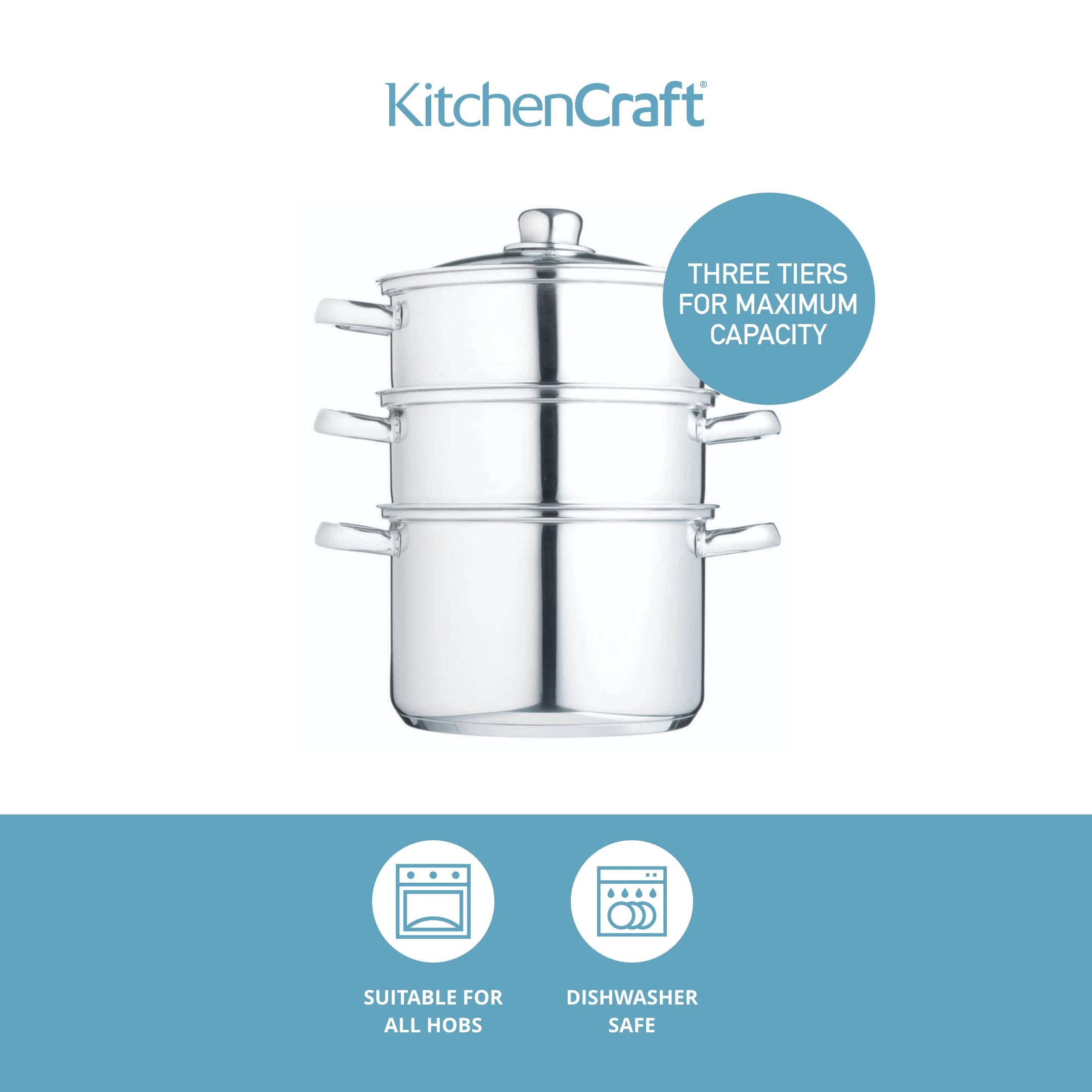 KitchenCraft 3-Tier Stainless Steel Food Steamer Pot with Lid - 22cm/8.5 Inch Silver Cooking Pan for Vegetables, Dumplings & Seafood - Perfect for Healthy Meal Prep, Asian Cuisine & Family Dinners
