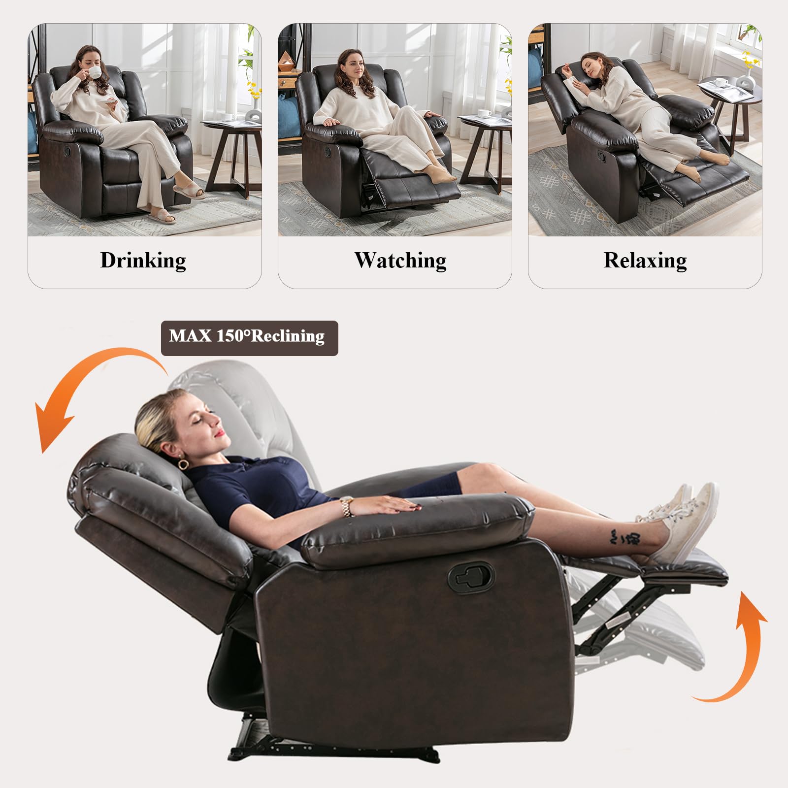 ANJ Manual Recliner Chair - Dark Brown Faux Leather Living Room Reclining Sofa with Padded Arms & Back Support | Comfortable Single Seat for Home Theater, Gaming & Relaxation