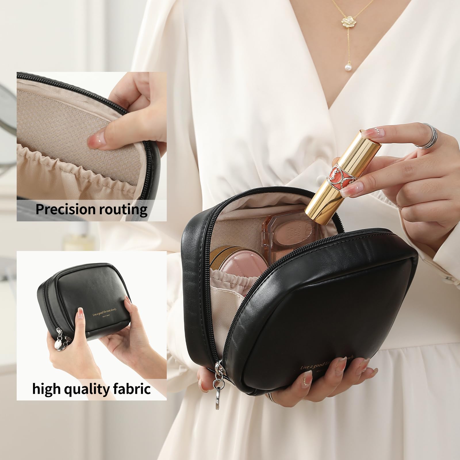 RIGHT AWAY Small Makeup Bag for Women | Cute Cosmetic Organizer & Travel Toiletry Bag | Waterproof Leather Case with Gold Zipper | Perfect for Daily Use, Travel, and Gift Giving (Black)