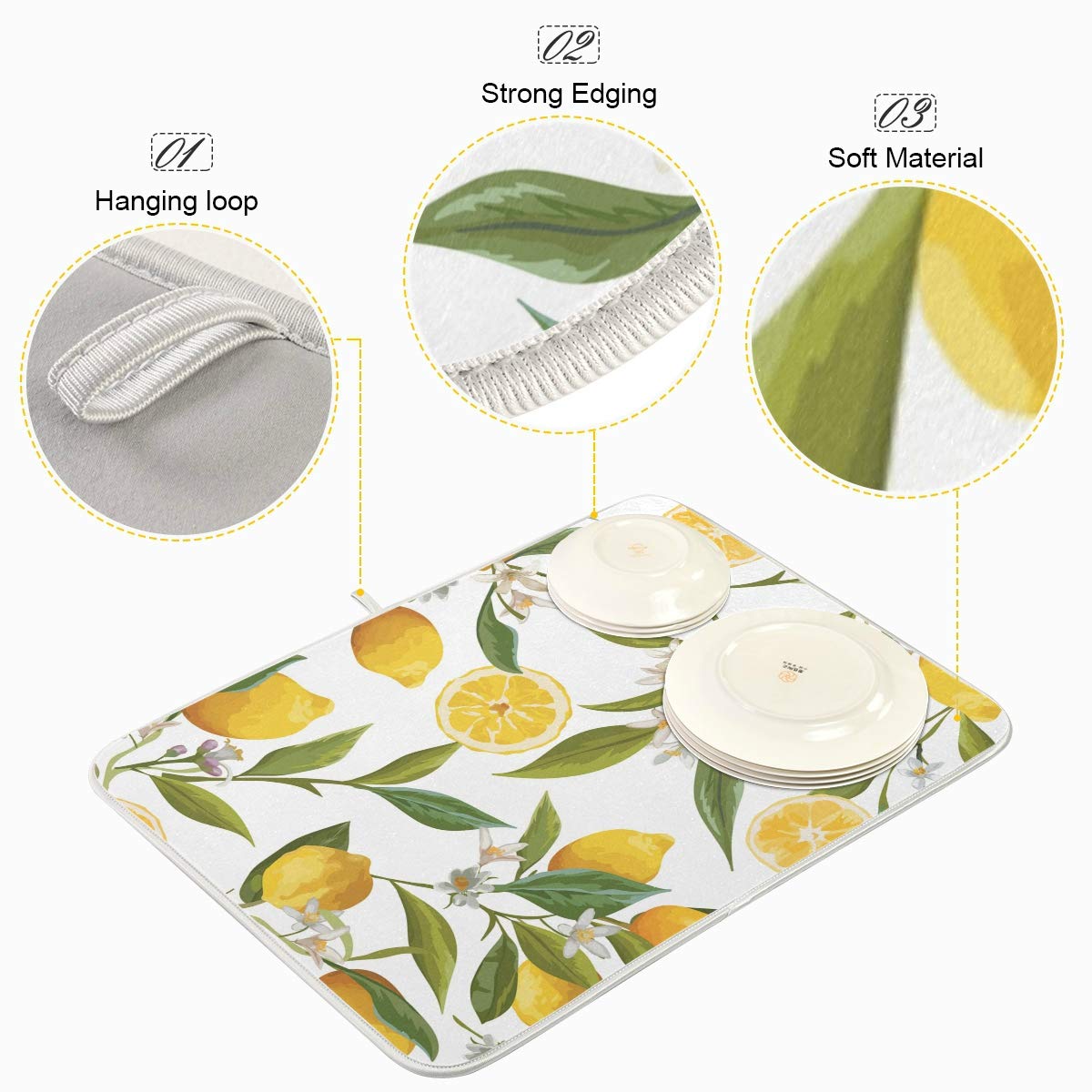 Lemon Tree Pattern Kitchen Dish Drying Mat - Heat Resistant, Non-Slip Countertop Drainer Mat (18