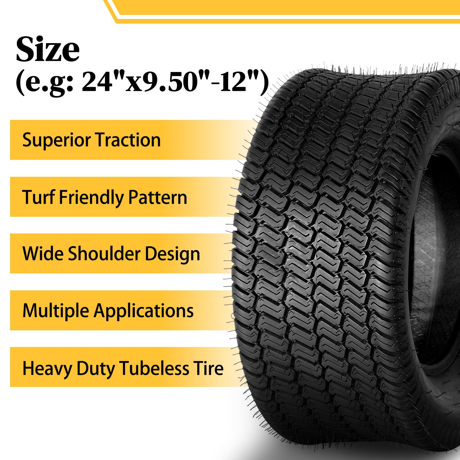 Set of 2 24x9.50-12 Tubeless Bias Tires - 4PR LRB for Lawn Mowers, Golf Carts & Tractors | Heavy-Duty Turf Tires for All-Terrain Performance, Smooth Ride & Enhanced Traction