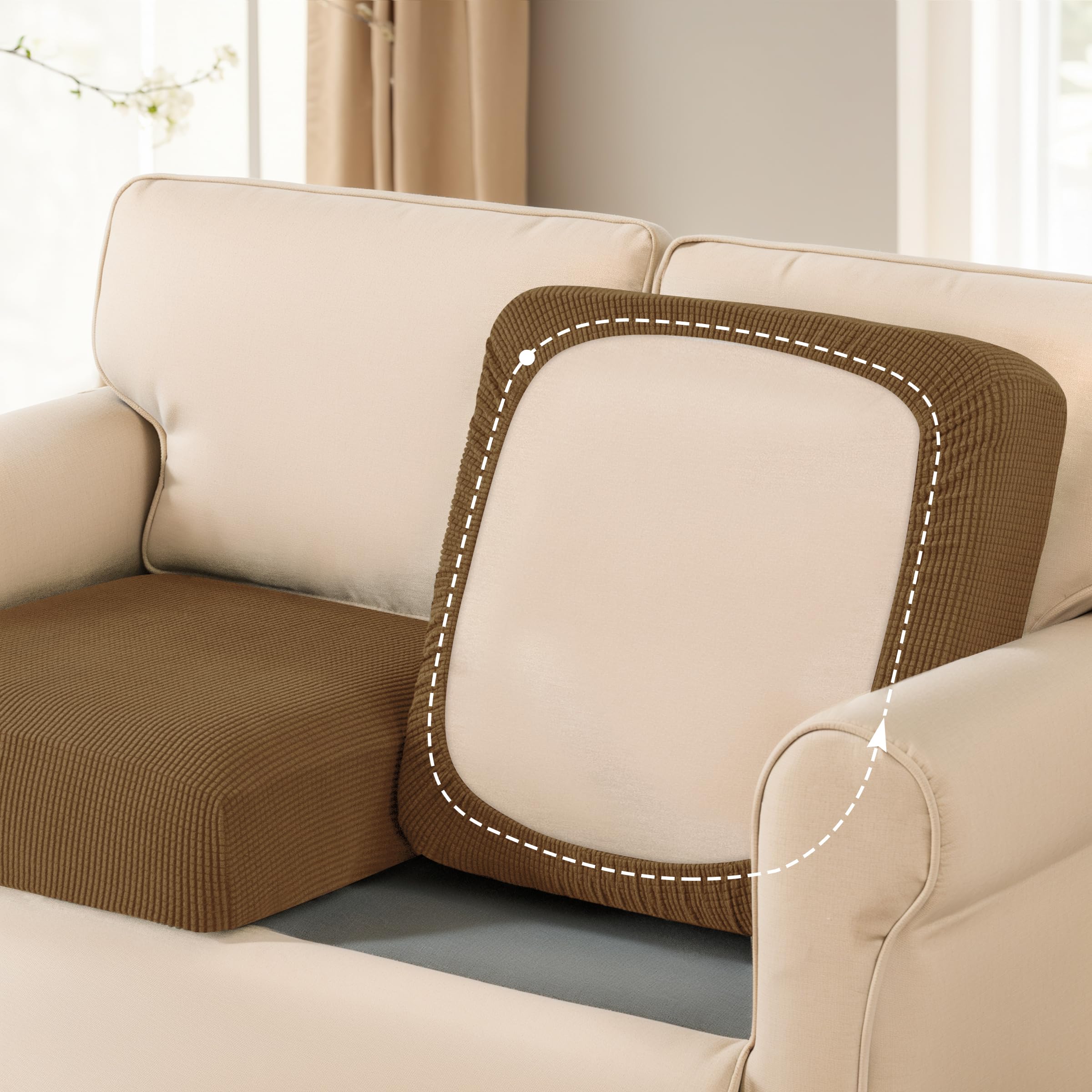 Stretch Cushion Covers 3-Pack - Elastic Sofa Slipcovers for Couch, Loveseat, RV & Chair - Spandex Furniture Protector in Coffee Brown - Perfect for Home Decor, Pet Protection & Seat Preservation