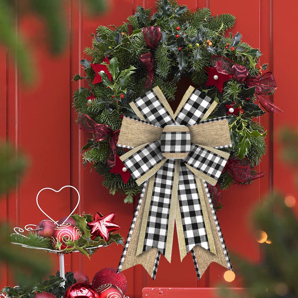 2pcs Christmas Wreath Bows - Buffalo Plaid Burlap Bows for Holiday Decor