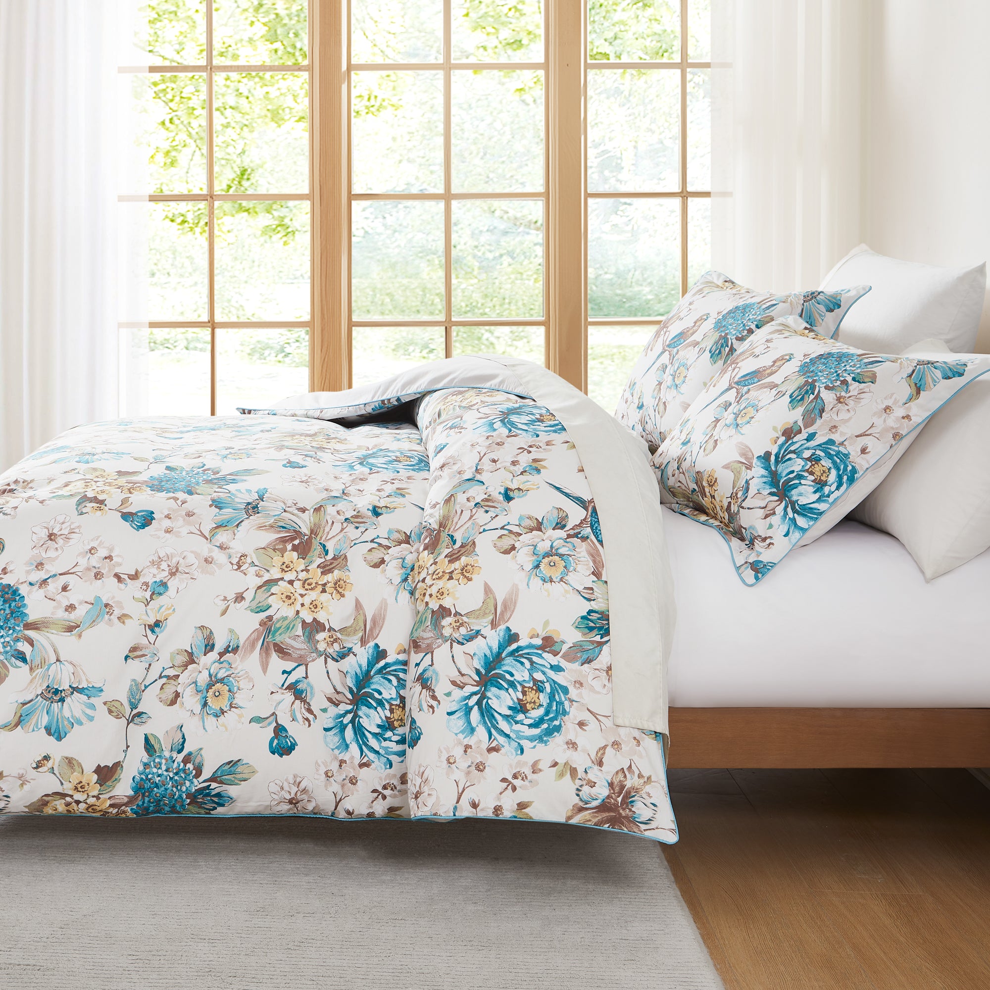 Reversible Cotton Duvet Cover Set with Bird & Hydrangea Floral Design - Soft Bedding for Master Bedroom, Guest Room & Dorm Decor