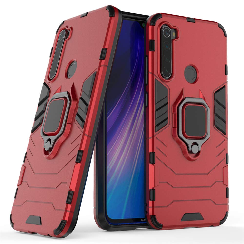 LuluMain Shockproof Hard Bumper Case for Xiaomi Redmi Note 8 - Compatible with Magnetic Car Mount, Metal Ring Grip & Kickstand | Dual Layer Rugged Protective Cover (Red) | Perfect for Outdoor Activities, Travel & Daily Use