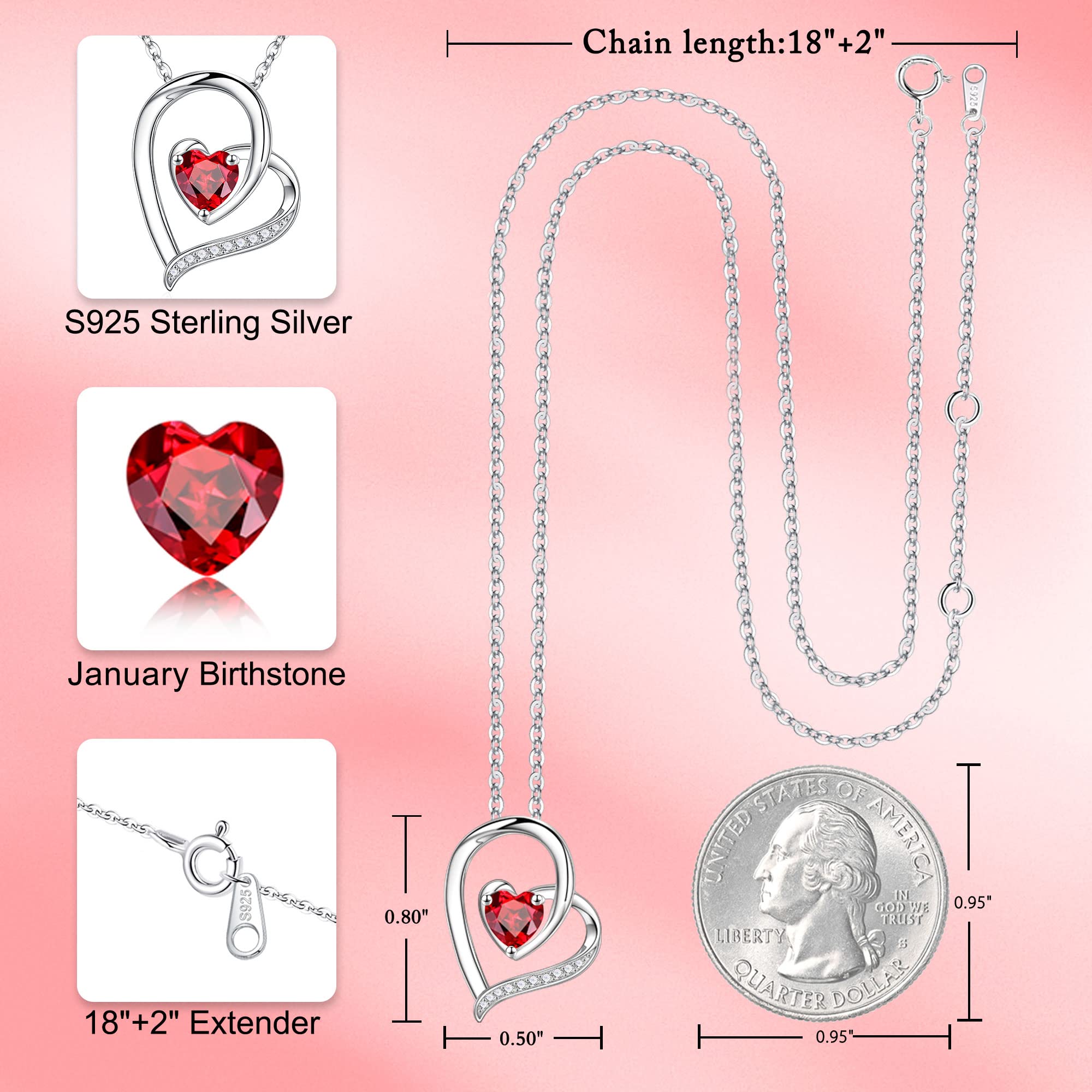 925 Sterling Silver Heart Birthstone Necklace for Women - Personalized Mother's Day, Anniversary & Birthday Jewelry Gift for Wife, Mom | Elegant Pendant Necklace for Everyday Wear & Special Occasions