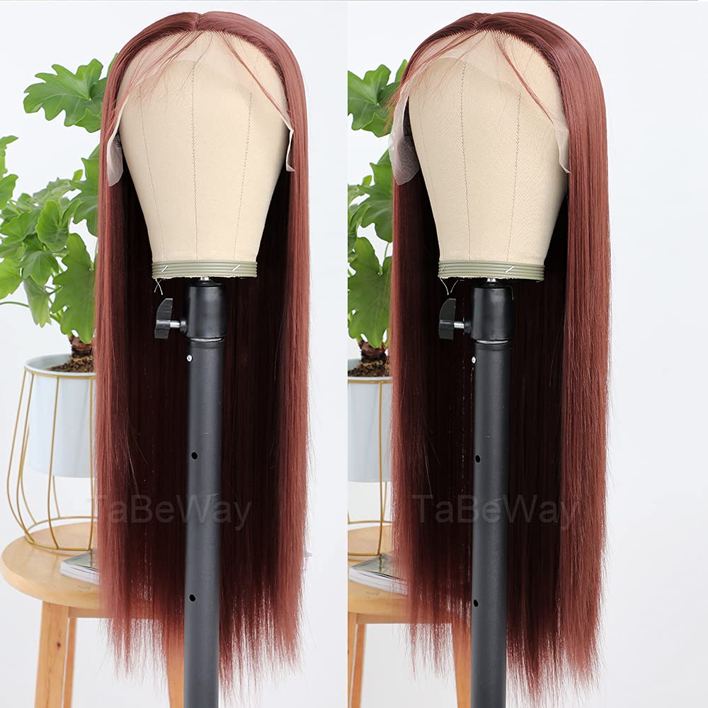 Long Straight Reddish Brown Synthetic Lace Front Wig - Glueless Heat Resistant Human Hair Replacement for Women | Perfect for Cosplay, Daily Wear & Special Occasions