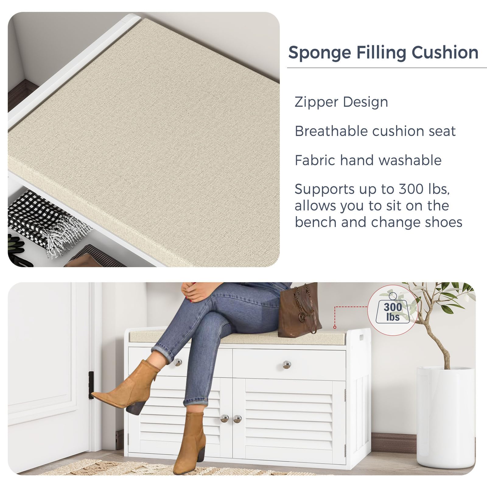 White Shoe Storage Bench with 2 Drawers & 2 Doors - Entryway Bench with Cushion & Adjustable Shelves - Multifunctional Shoe Cabinet for Entryway, Living Room, Hallway, Mudroom, Bedroom - Perfect for Organizing Shoes, Hats & Home Decor Items