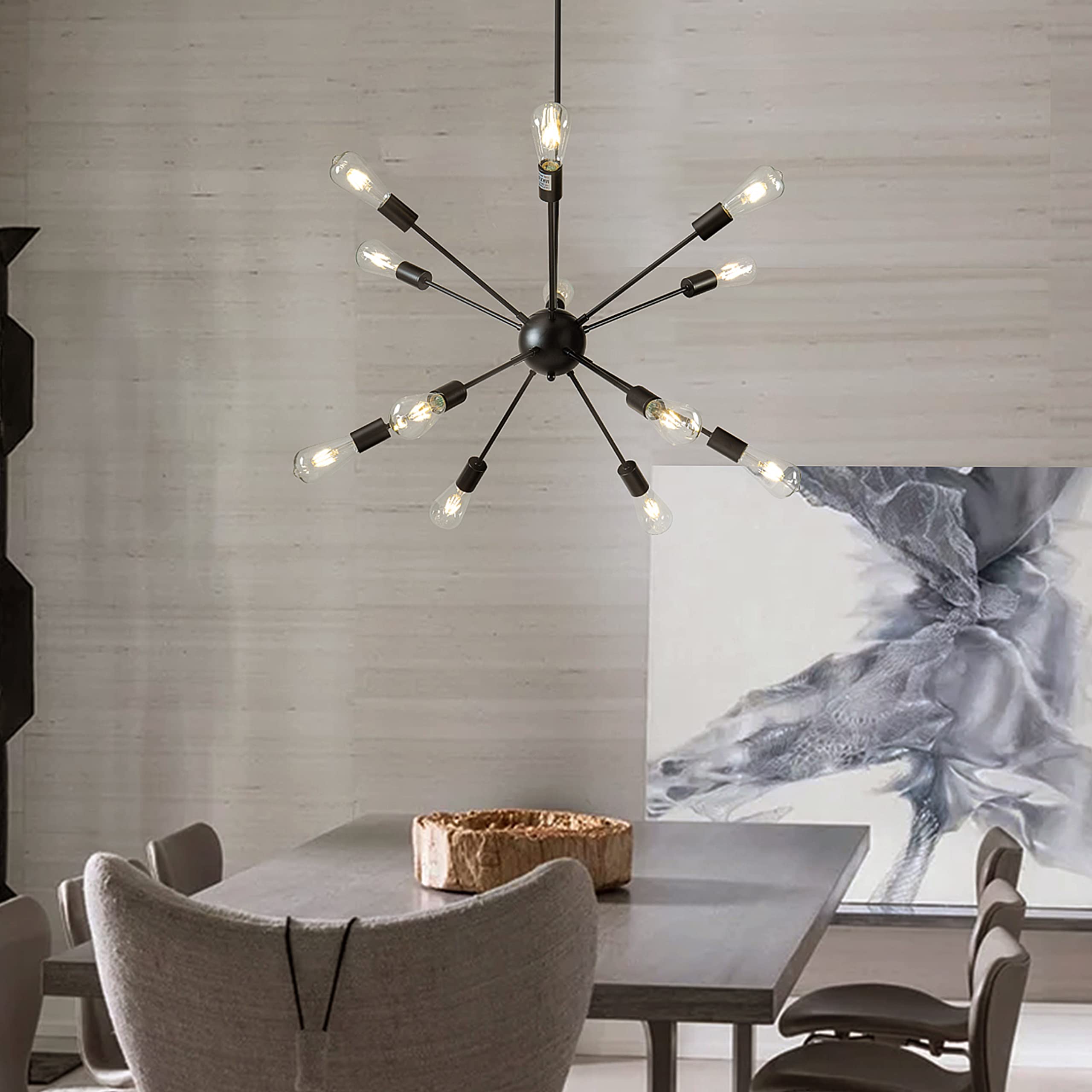 Vintage Mid Century Modern Sputnik Chandelier - 12-Light Antique Bronze Semi-Flush Mount Ceiling Fixture (30 Inch, E26 Base, Black) - Perfect for Dining Room, Living Room or Entryway Lighting