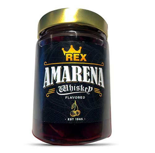 Premium Rex Whiskey Infused Amarena Cherries in Rich Syrup - 13.4 oz Jar - Gourmet Cocktail Garnish & Dessert Topping for Old Fashioned, Manhattan & Ice Cream Sundaes