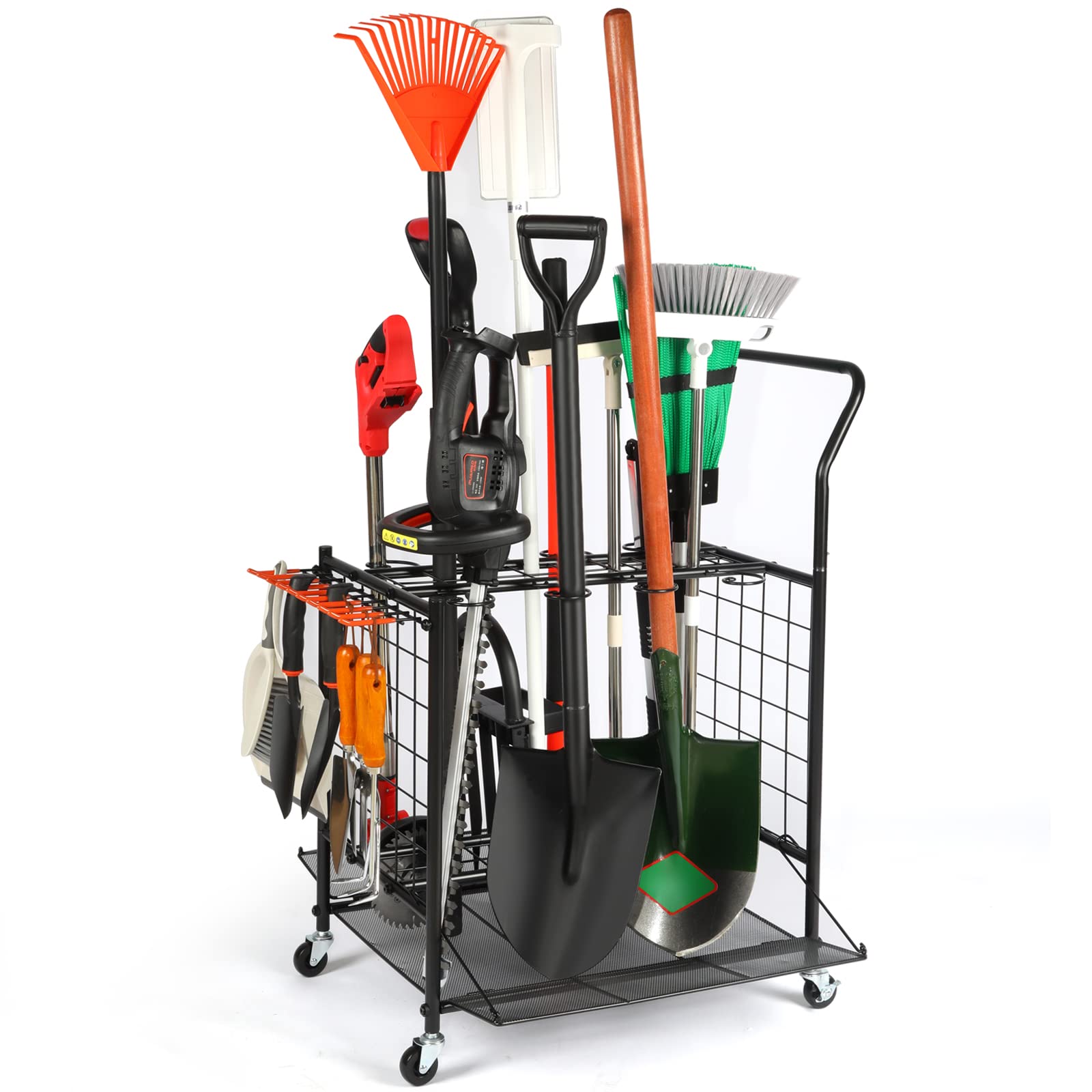 Steel Garden Tool Organizer with Wheels - Heavy Duty Rolling Tool Tower for Garage, Shed & Yard Storage - Black Long Handle Tool Organizer for Easy Access & Mobility | Perfect for Gardening, Landscaping & Home Organization