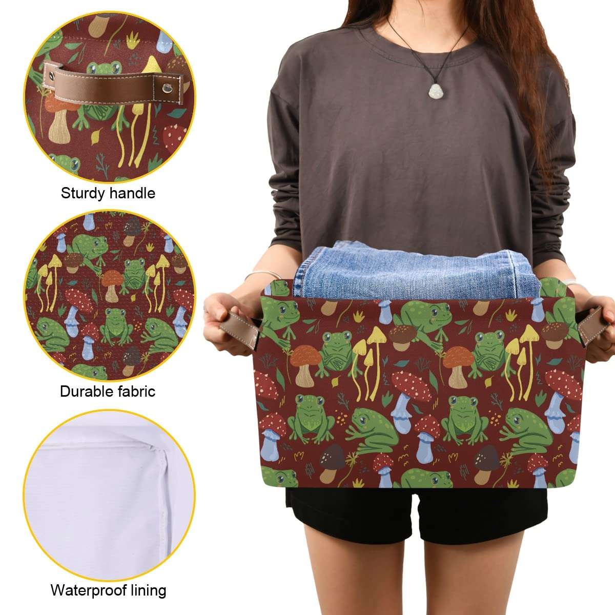 Cute Frogs & Forest Mushrooms Collapsible Storage Bin - Waterproof Rectangle Basket for Nursery Toys, Books & Closet Organization | Perfect for Kids' Room Decor & Bedroom Shelves