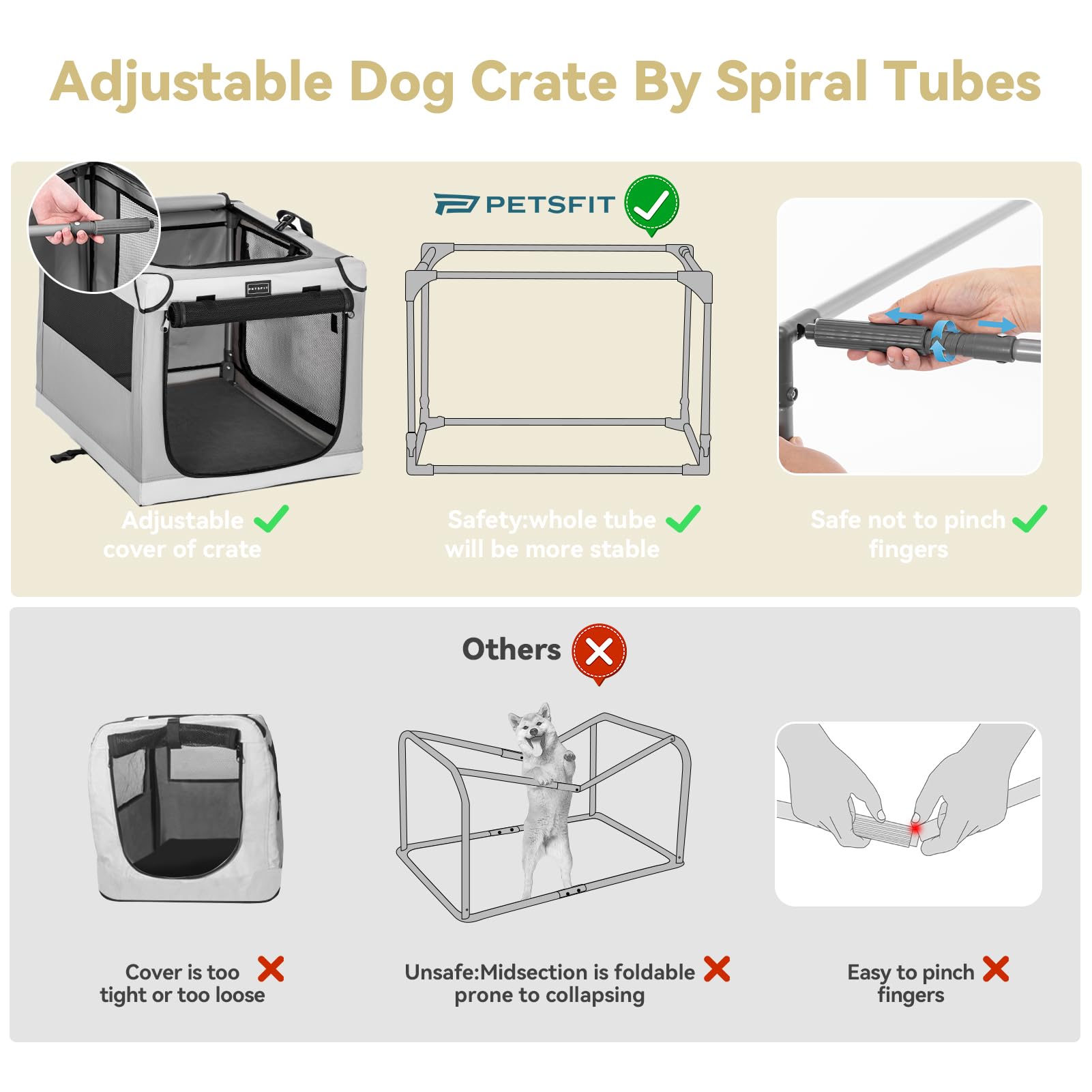 Petsfit 36 Inch Portable Soft Dog Crate - Lightweight, Sturdy & Comfortable Collapsible Pet Carrier with Thick Mat for Home, Travel & Outdoor Use - Easy Setup Foldable Kennel (Light Grey) - Perfect for Camping, Road Trips & Vet Visits