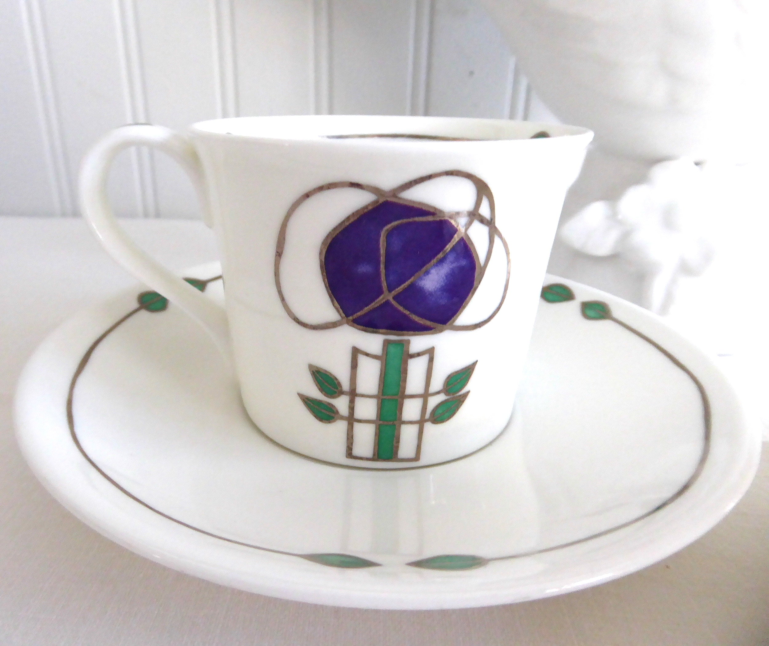 Dunoon 2-Piece Arts and Crafts Espresso Cups with Saucers - Premium Bone China Demi Helensburgh Collection - Perfect for Coffee Lovers and Home Decor