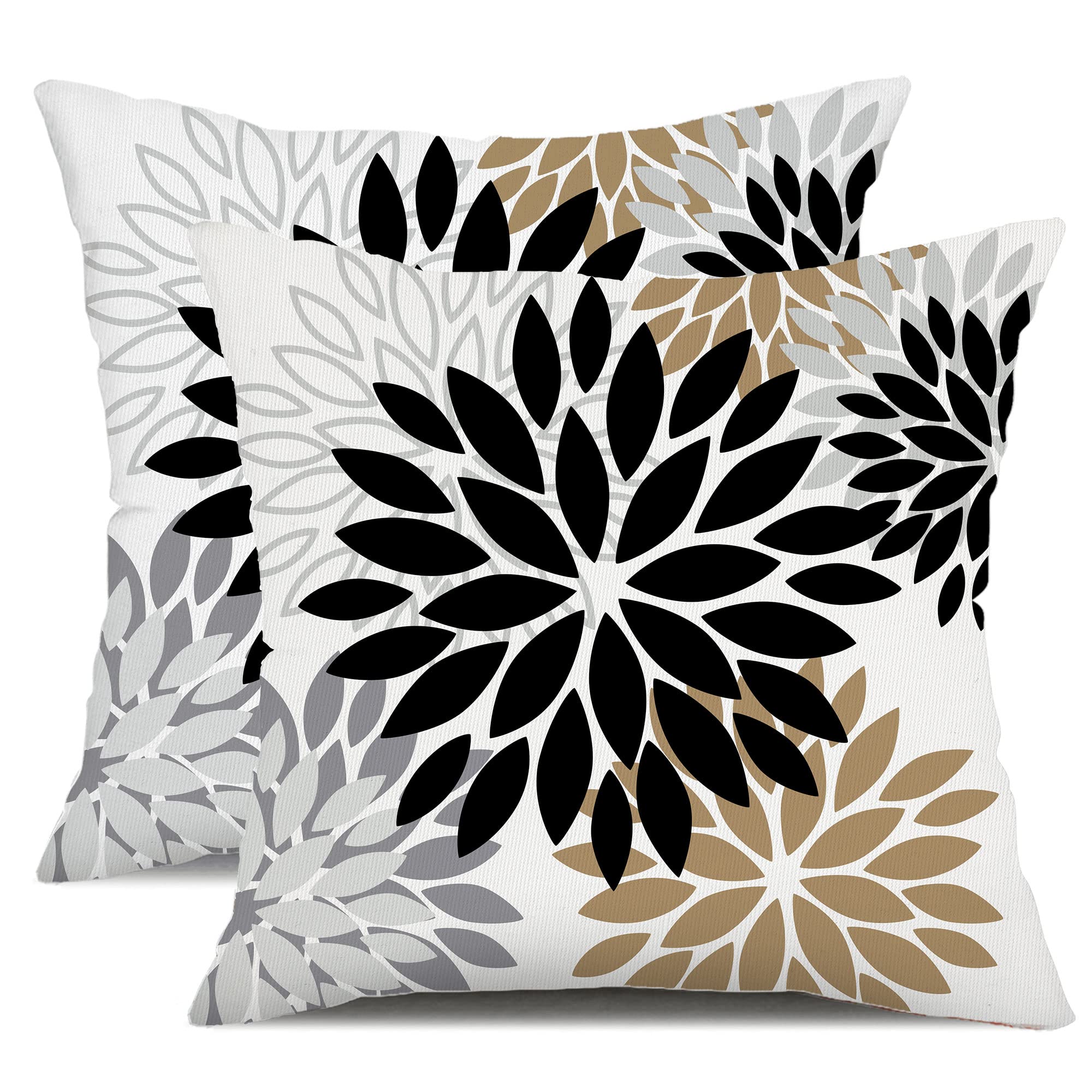 Premium Black Brown Outdoor Pillow Covers 18x18 Inch (Set of 2) - Farmhouse Modern Floral Polyester Square Cushion Cases - Waterproof & UV Resistant for Patio Furniture, Garden, Porch, Deck & Outdoor Decor