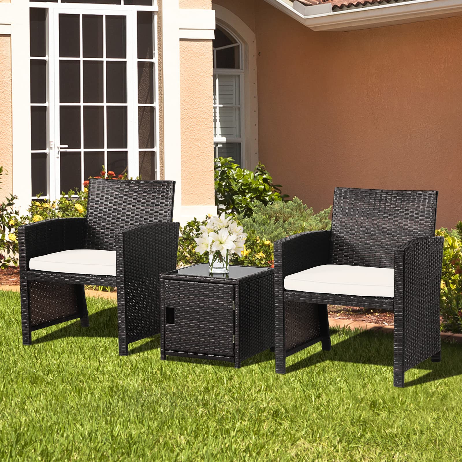 RELAX4LIFE 3-Piece PE Rattan Outdoor Patio Furniture Set with Cushions & Storage Coffee Table - White Wicker Bistro Conversation Set for Porch, Deck, Balcony, Poolside - Perfect for Relaxing, Entertaining & Outdoor Dining