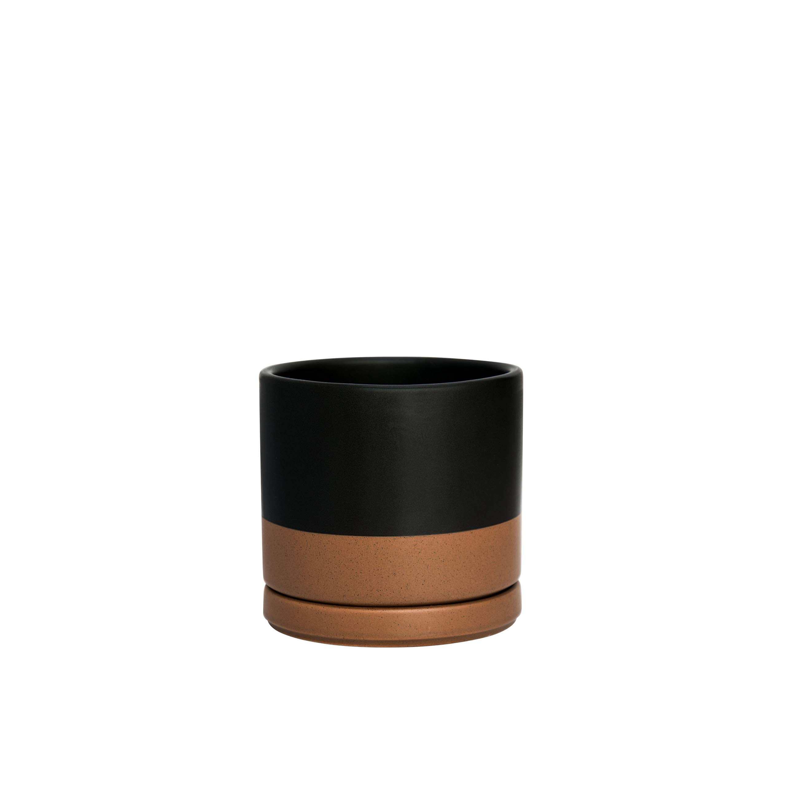D'vine Dev Ceramic Planter Pot with Drainage Hole & Saucer - 4.6 Inch Indoor Cylinder Round Flower Pot for Succulents, Herbs & Small Plants - Black/Speckled Tan (94-O-B-7) - Perfect for Home, Office & Windowsill Decor