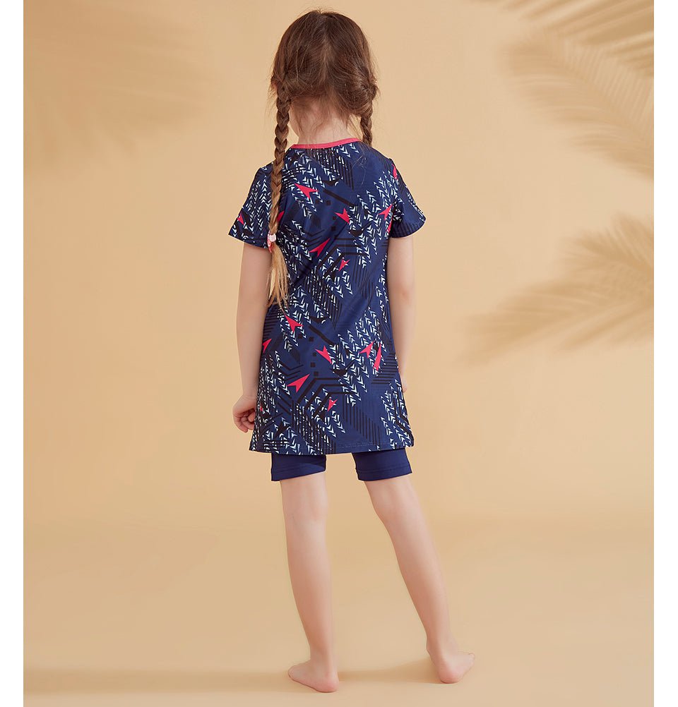 Modest Girls Swimsuit K2337 - Geometric Navy Print One-Piece Bathing Suit for Swimming, Beach & Pool Activities