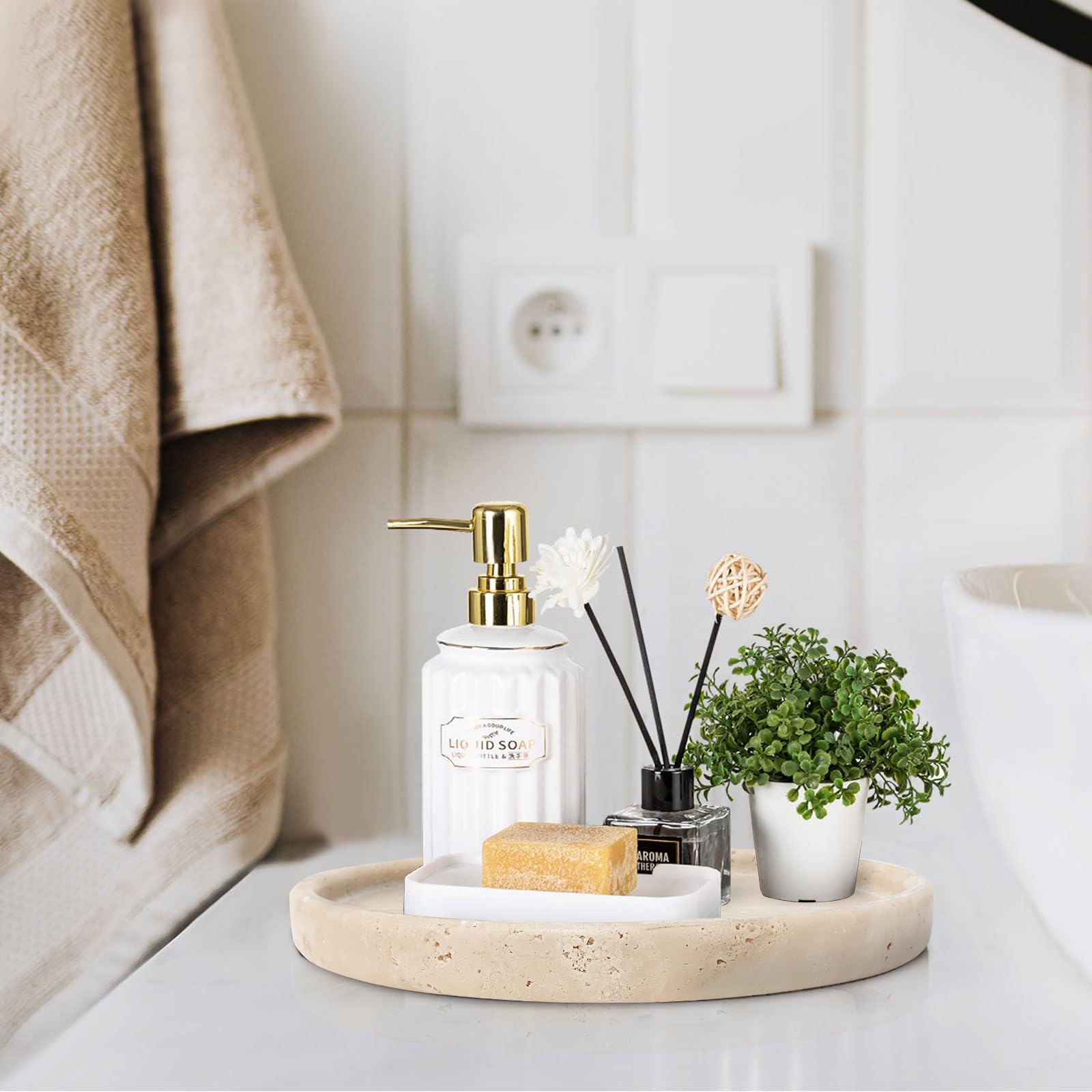 Beige Medium Round Travertine Tray - Ceramic Vanity Tray for Bathroom Counter & Coffee Table Decor - Marble Decorative Tray for Jewelry, Perfume & Home Organization
