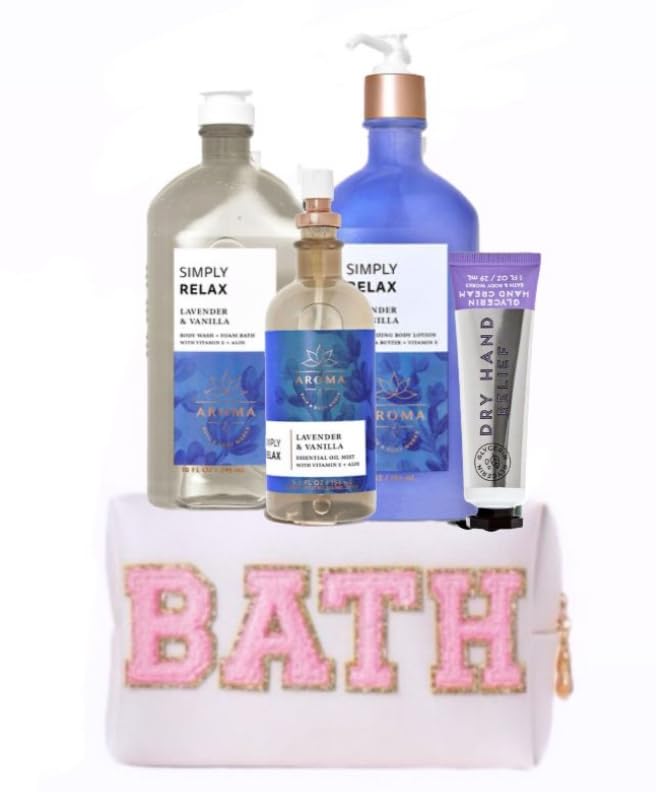 White Barn Aromatherapy Deluxe Gift Set - Lavender & Vanilla Relaxation Kit (4-Piece Bath & Body Works Set with Travel Bag) - Perfect for Spa Nights, Self-Care Gifts & Stress Relief