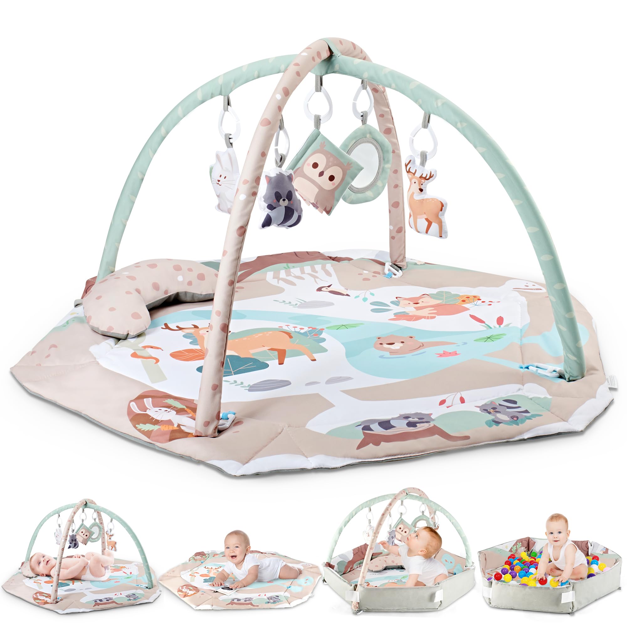 AIBOMUDA Baby Play Gym & Activity Mat with 5 Sensory Toys - Washable Tummy Time Mat, Ball Pit for Infants 0-12 Months - Perfect for Crawling, Sensory Play & Developmental Milestones - Great Baby Shower Gift for Boys & Girls