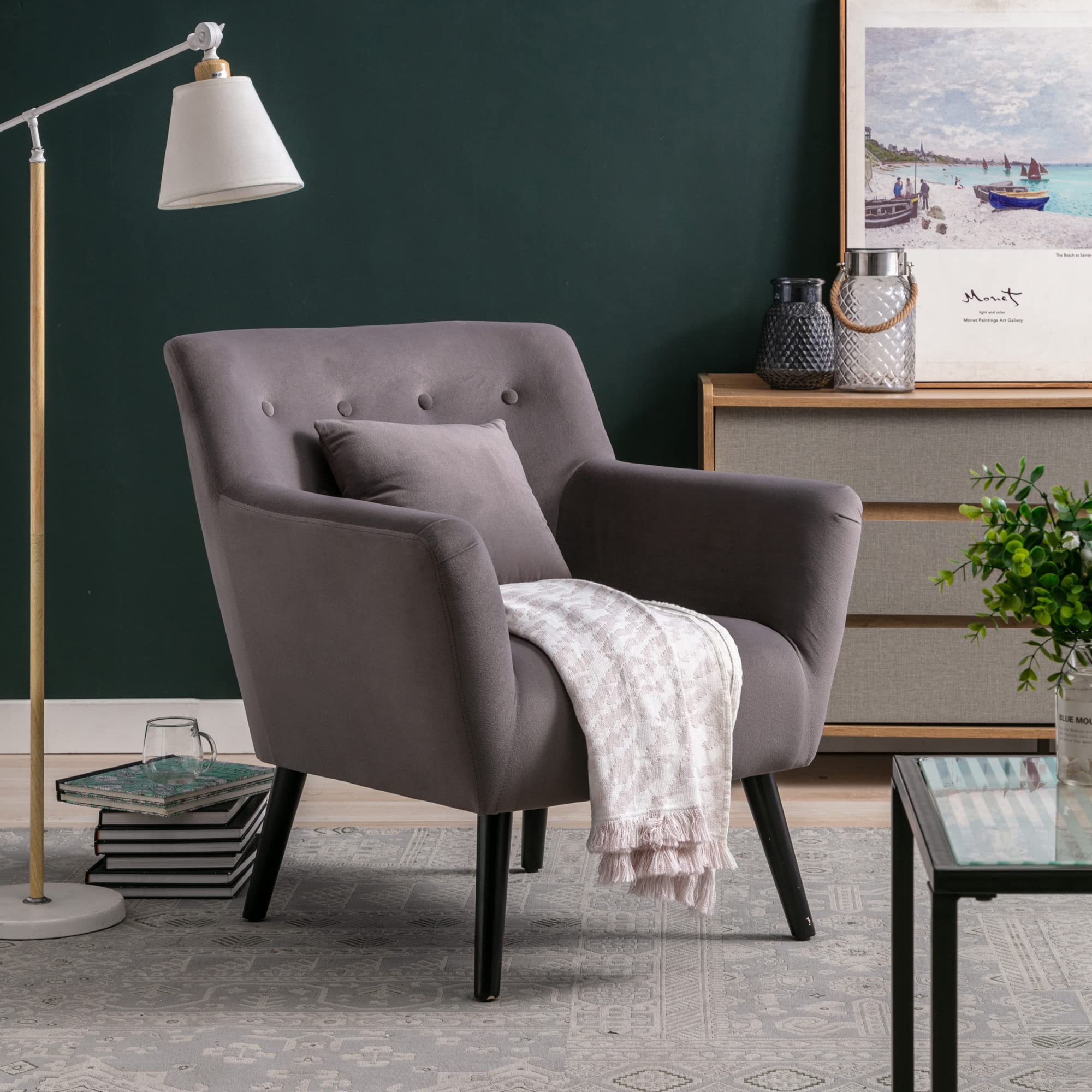 Mid Century Modern Upholstered Accent Chair with Waist Pillow - Solid Wood Legs & Linen Fabric - Stylish Armchair for Living Room, Bedroom, Office - Perfect for Relaxing, Reading & Home Decor (Gray)